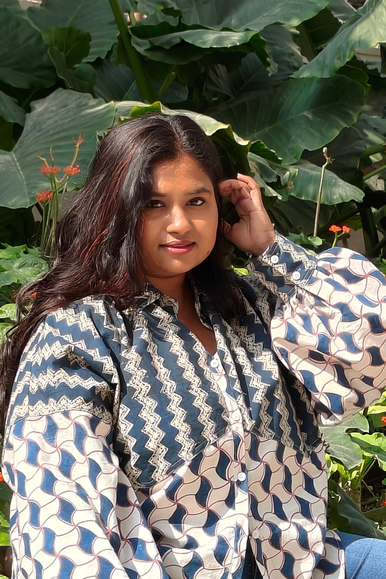 Ilamra hand block printed Kalamkari art organic cotton naturally dyed paneled blouse, intricate indigo print patchwork and the big puffy sleeves shirt
