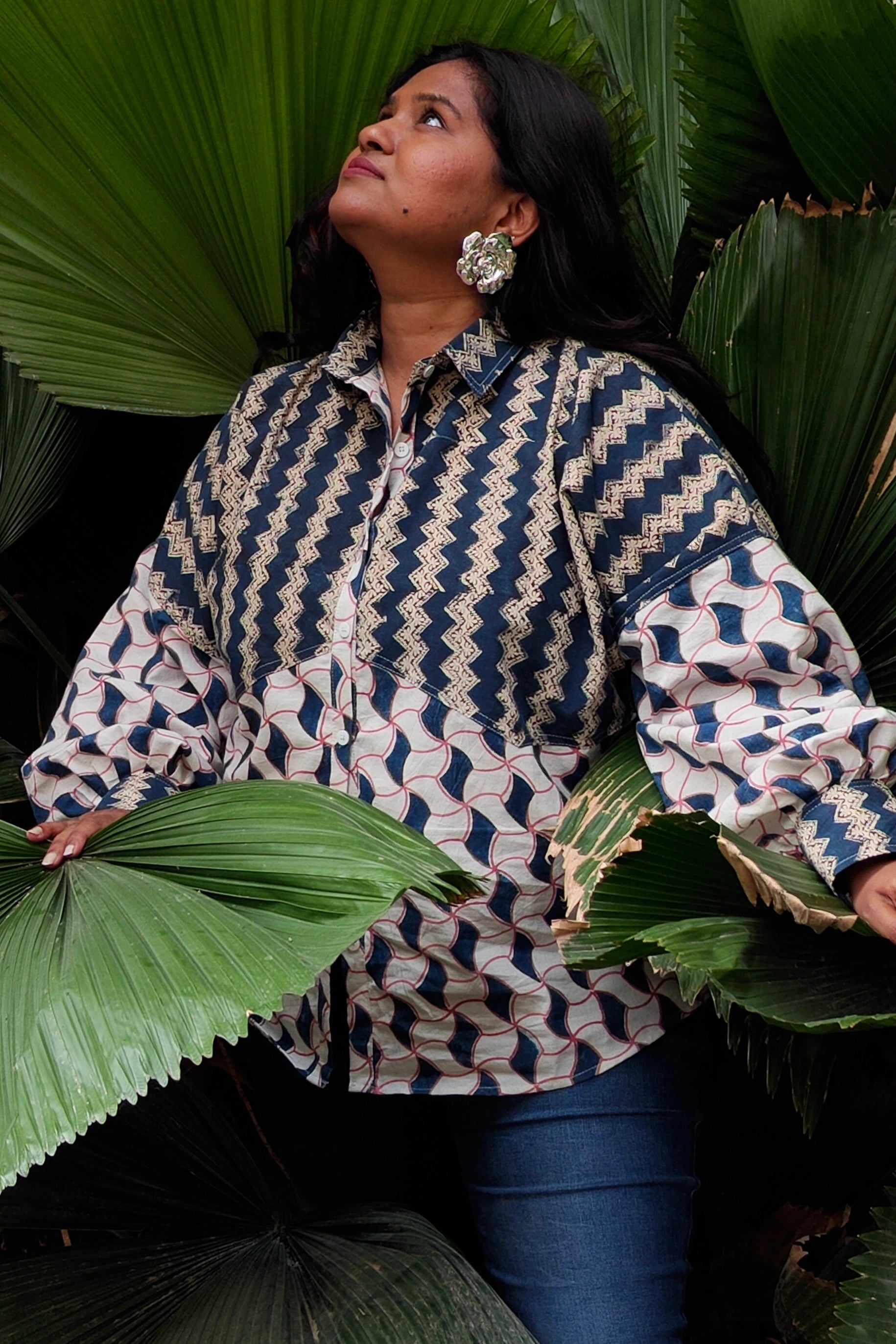 Ilamra hand block printed Kalamkari art organic cotton naturally dyed paneled blouse, intricate indigo print patchwork and the big puffy sleeves shirt