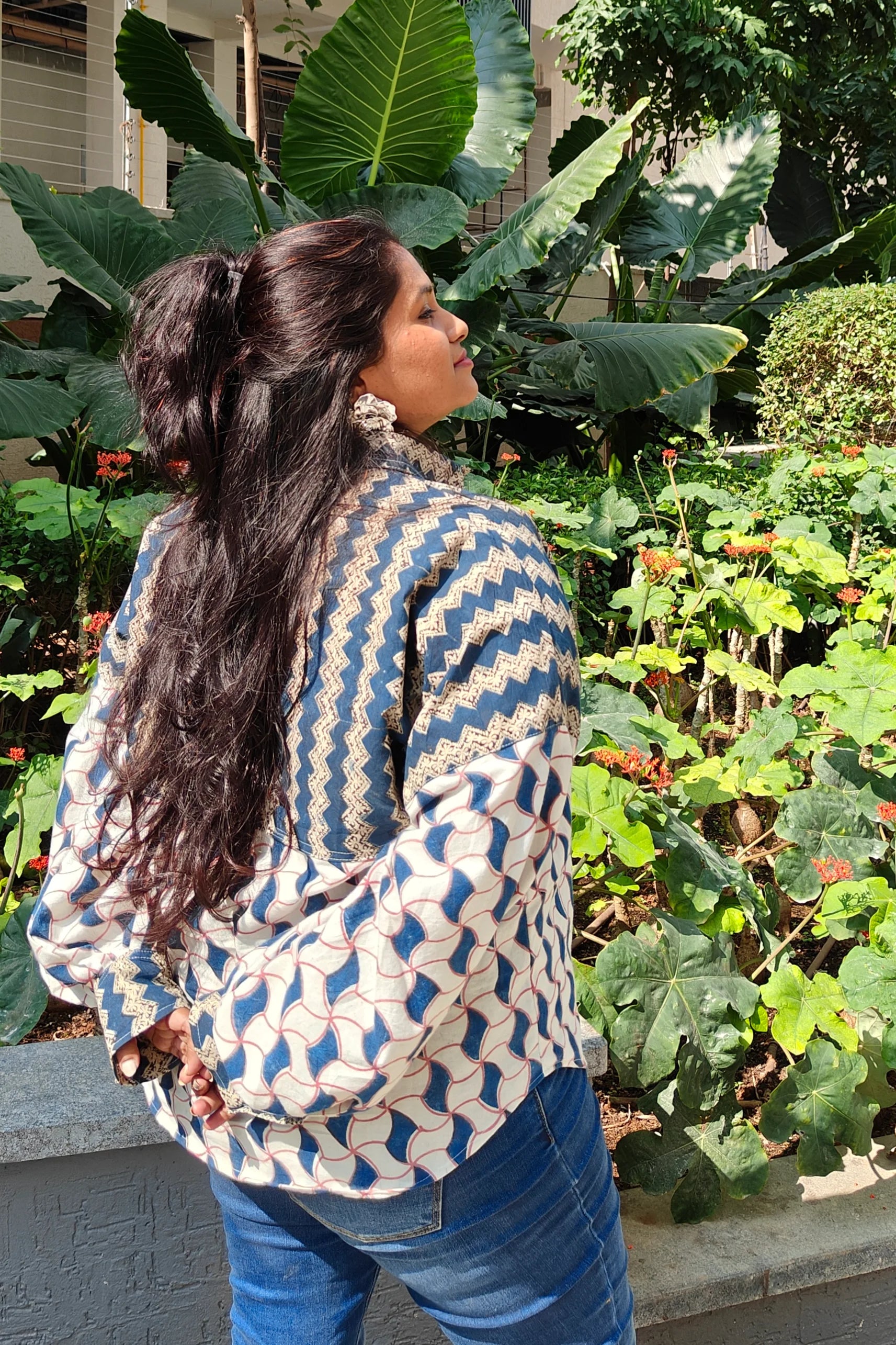 Ilamra hand block printed Kalamkari art organic cotton naturally dyed paneled blouse, intricate indigo print patchwork and the big puffy sleeves shirt