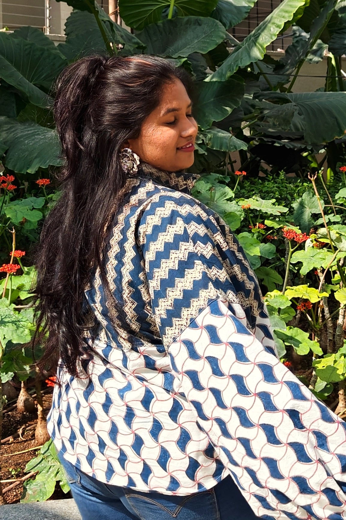 Ilamra hand block printed Kalamkari art organic cotton naturally dyed paneled blouse, intricate indigo print patchwork and the big puffy sleeves shirt