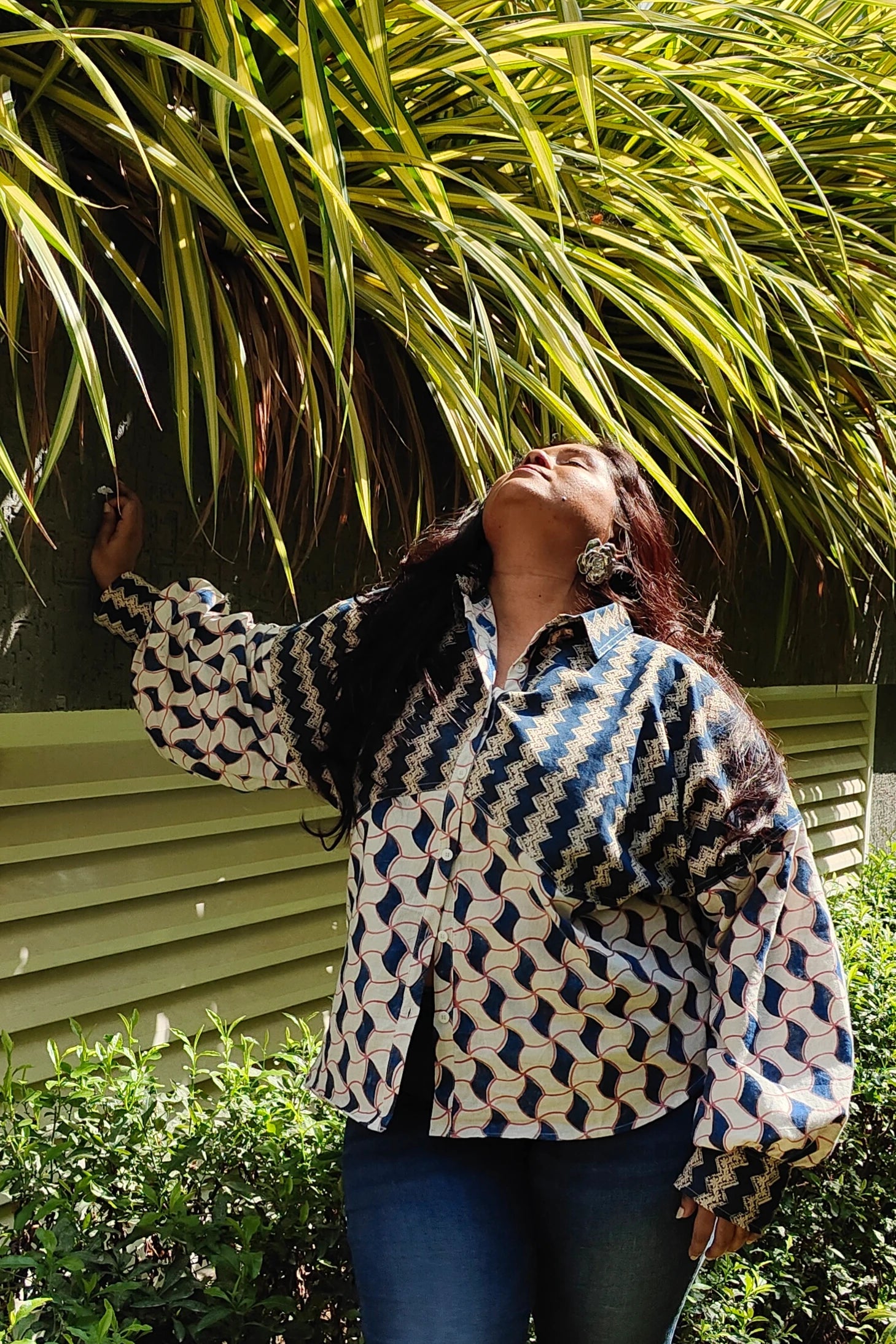 Ilamra hand block printed Kalamkari art organic cotton naturally dyed paneled blouse, intricate indigo print patchwork and the big puffy sleeves shirt