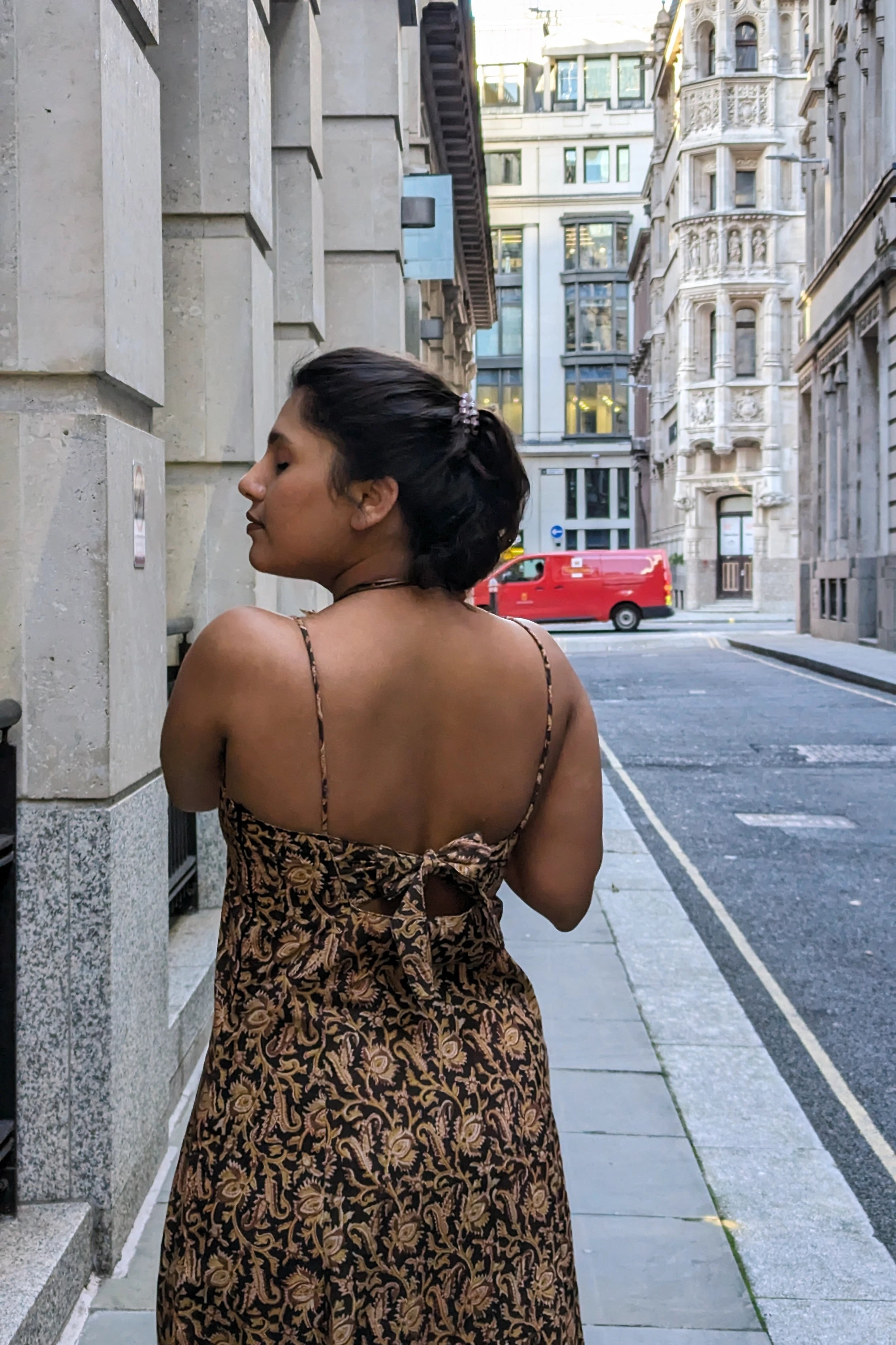 Ilamra hand block printed Kalamkari art organic cotton naturally dyed black, hazel, and beige glamorous, minimalistic slip dress dress