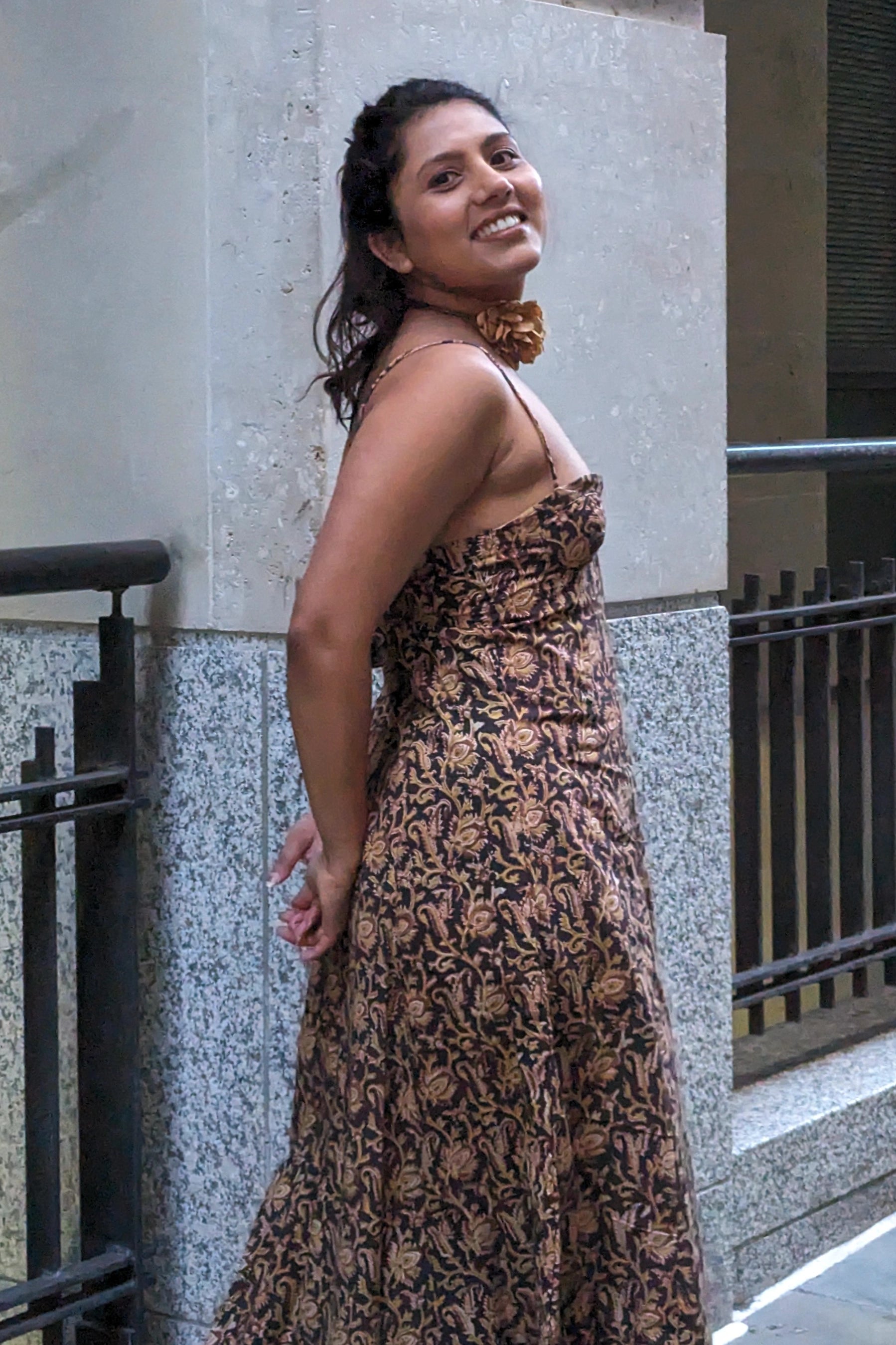 Ilamra hand block printed Kalamkari art organic cotton naturally dyed black, hazel, and beige glamorous, minimalistic slip dress dress