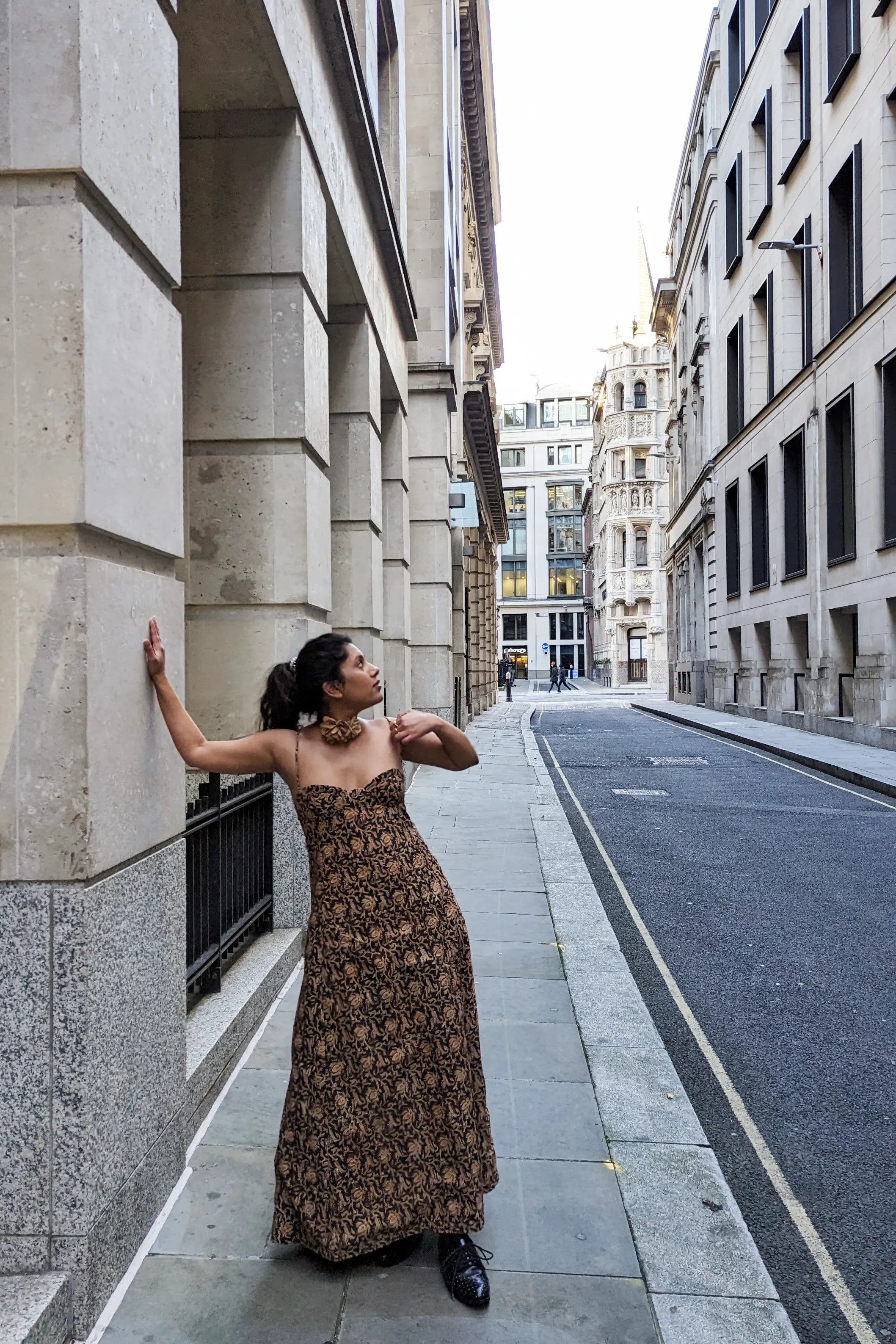 Ilamra hand block printed Kalamkari art organic cotton naturally dyed black, hazel, and beige glamorous, minimalistic slip dress dress