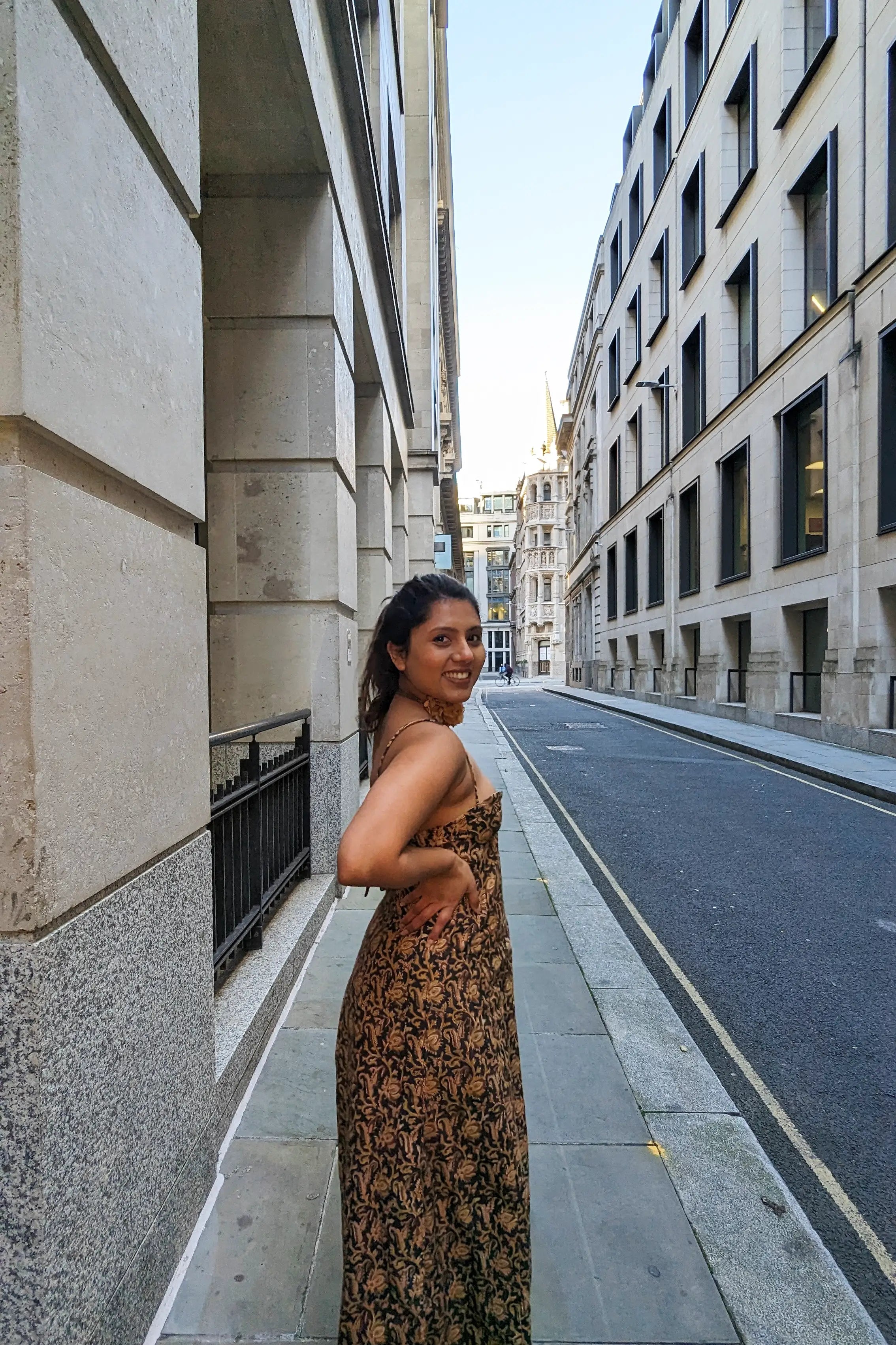 Ilamra hand block printed Kalamkari art organic cotton naturally dyed black, hazel, and beige glamorous, minimalistic slip dress dress