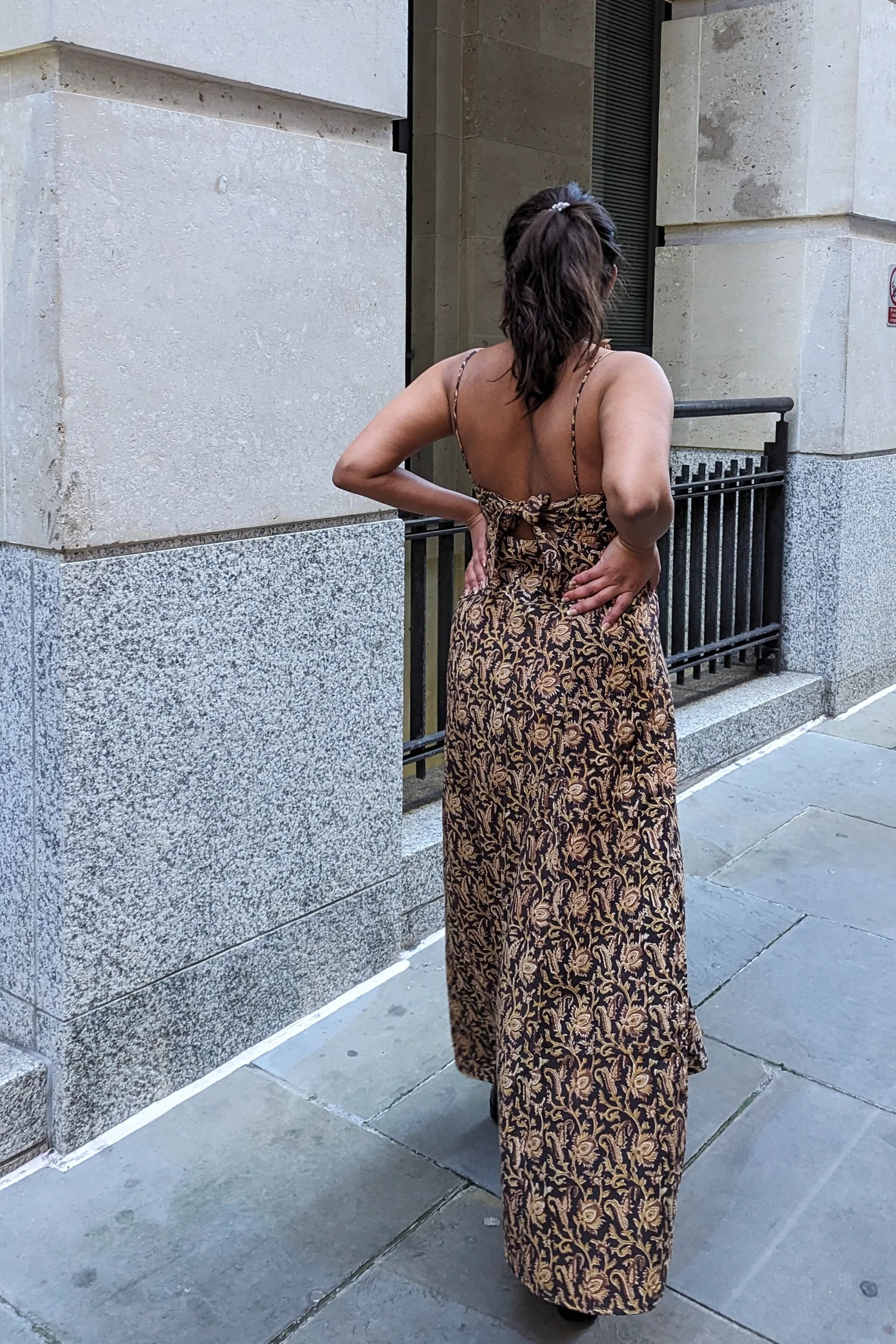 Ilamra hand block printed Kalamkari art organic cotton naturally dyed black, hazel, and beige glamorous, minimalistic slip dress dress