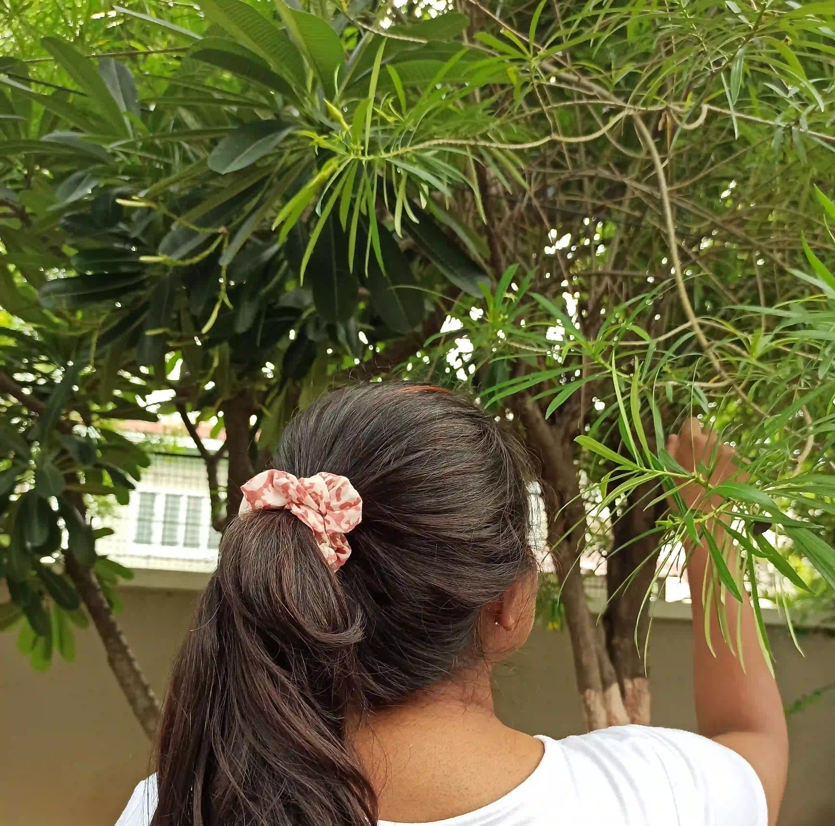 Ilamra kalamkari craft hand block printed organic cotton Blush pink and off-white scrunchie