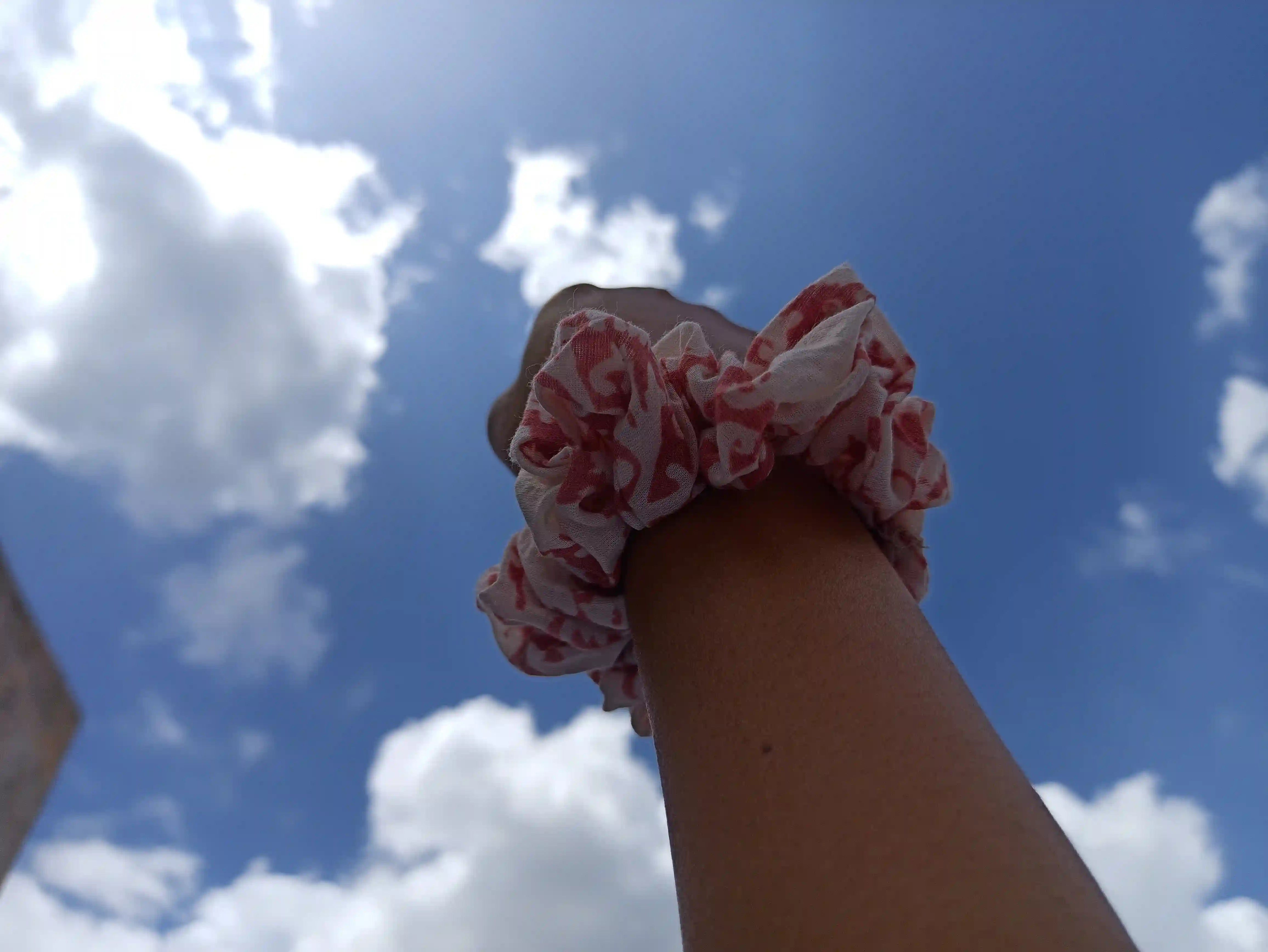 Ilamra kalamkari craft hand block printed organic cotton Blush pink and off-white scrunchie
