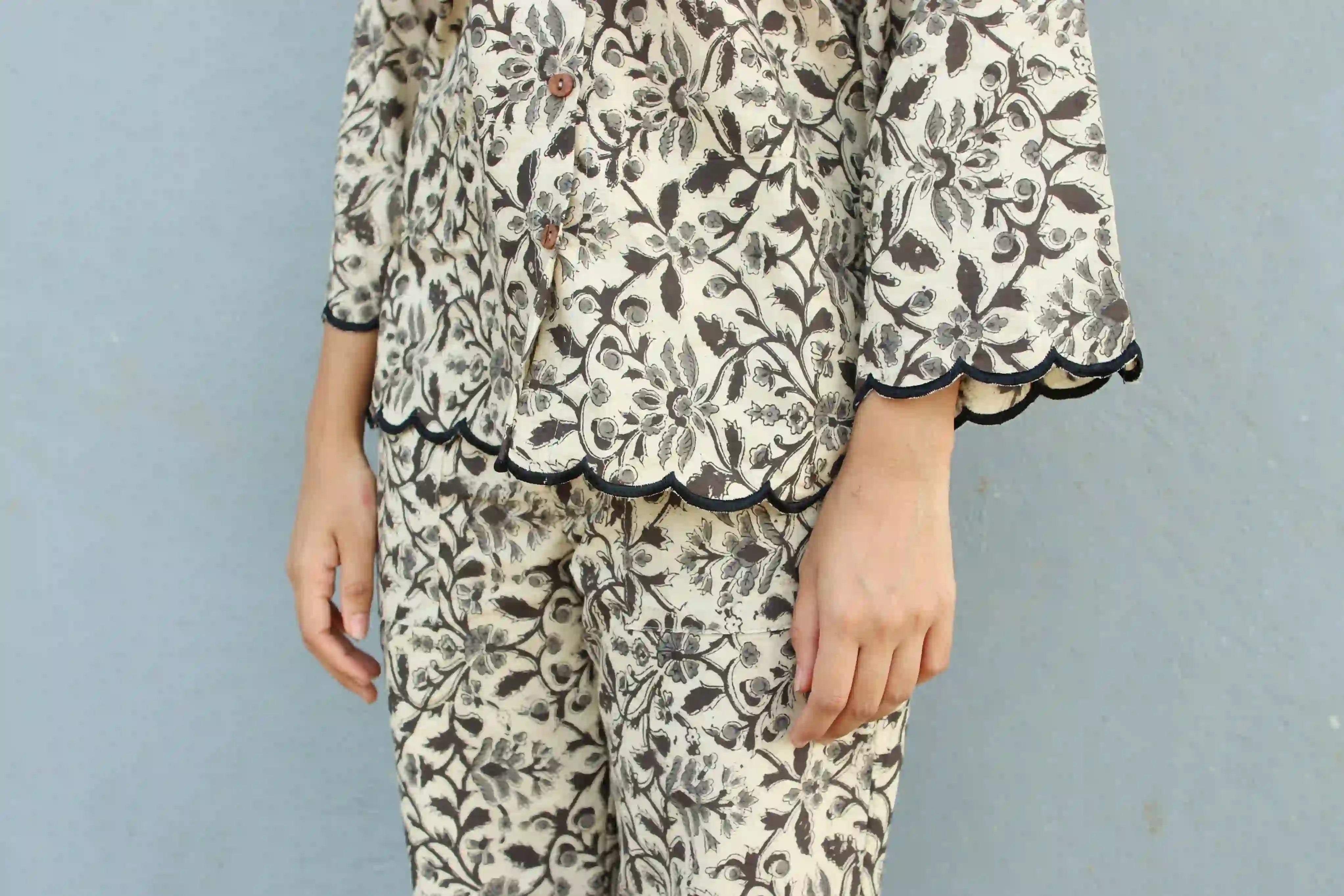 Ilamra kalamkari craft hand block printed organic cotton beige, grey and black pants