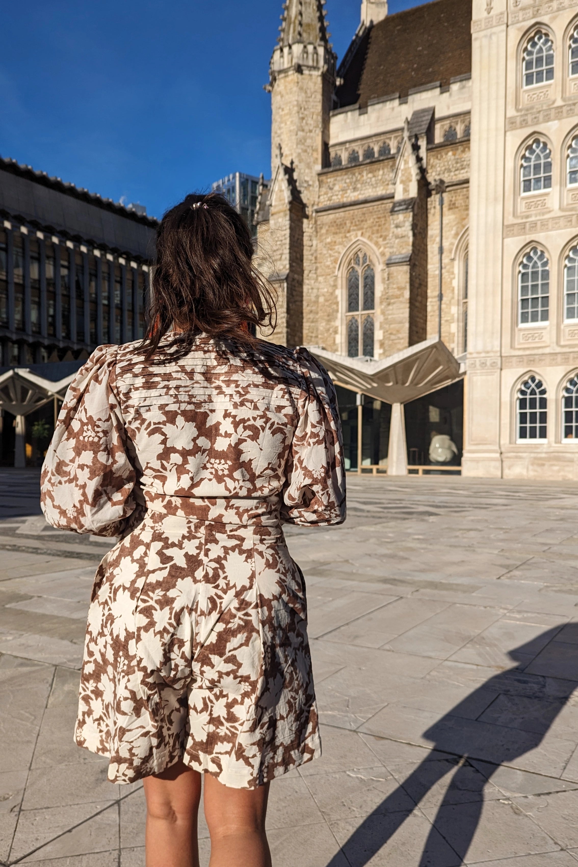 Ilamra hand block printed Kalamkari art organic cotton naturally dyed in deep cocoa brown on a pale white background, high waistline, pockets, airy, comfortable, chic, cool, shorts
