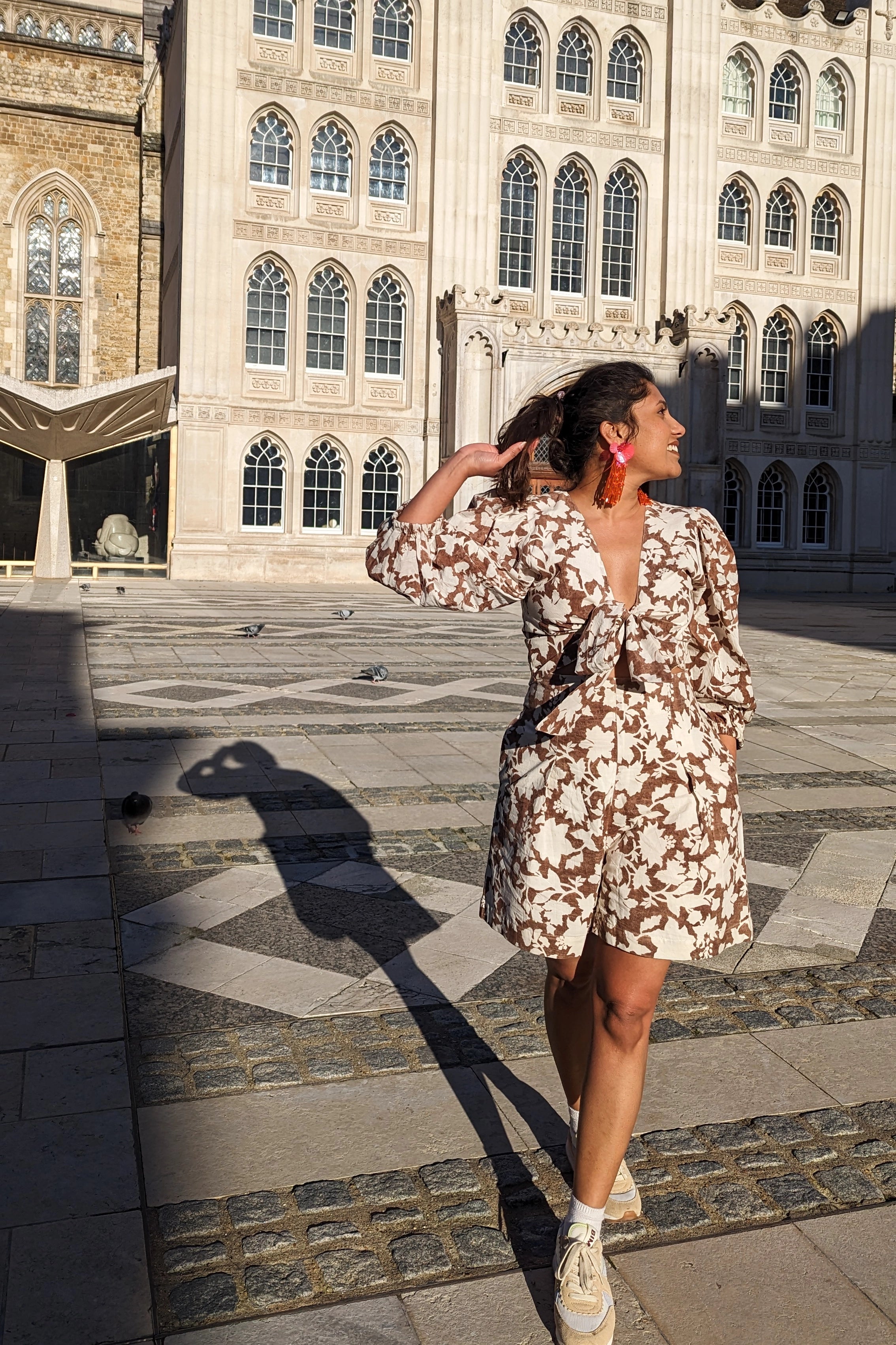 Ilamra hand block printed Kalamkari art organic cotton naturally dyed in deep cocoa brown on a pale white background, high waistline, pockets, airy, comfortable, chic, cool, shorts and top set