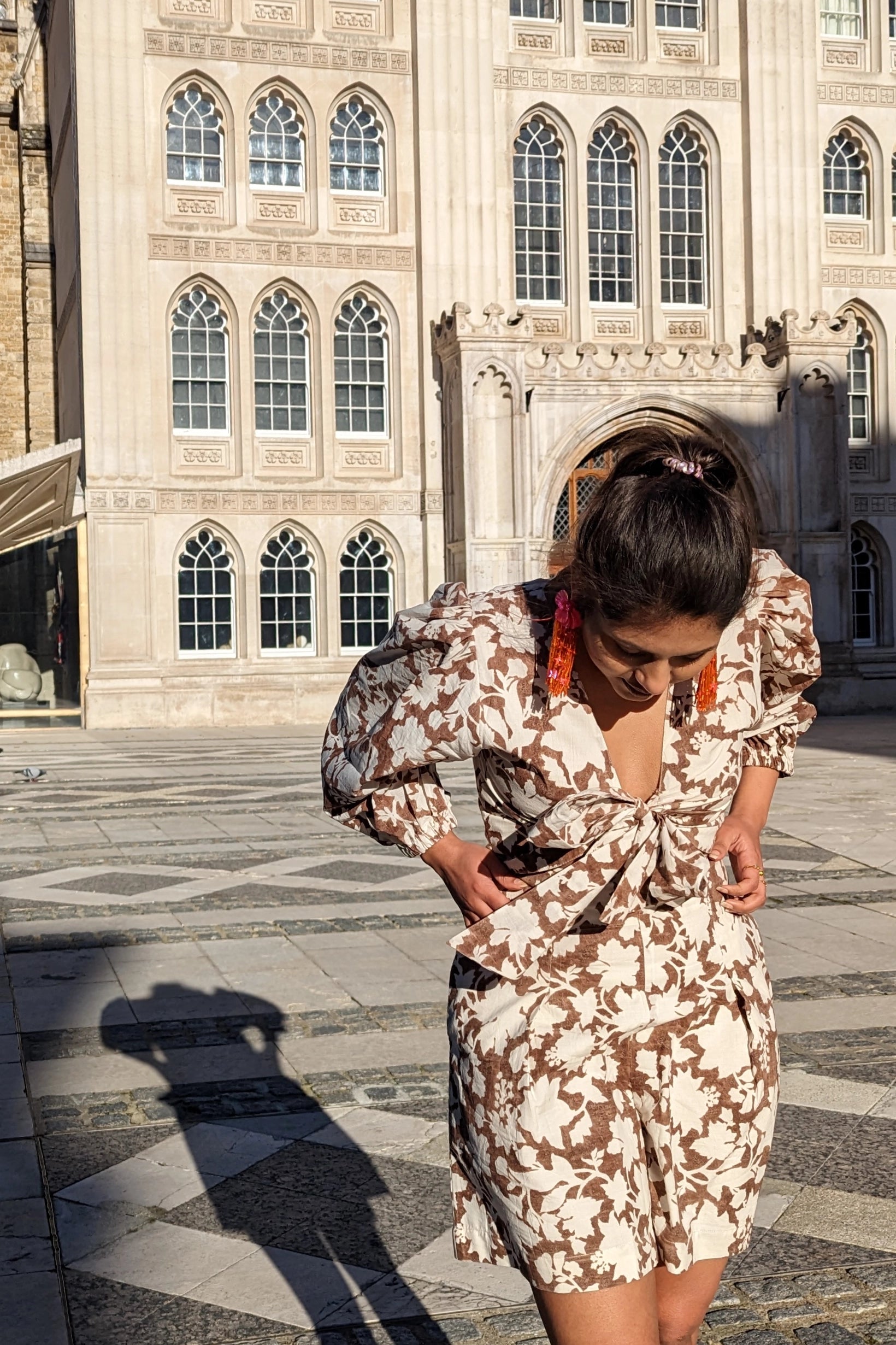 Ilamra hand block printed Kalamkari art organic cotton naturally dyed in deep cocoa brown on a pale white background, high waistline, pockets, airy, comfortable, chic, cool, shorts