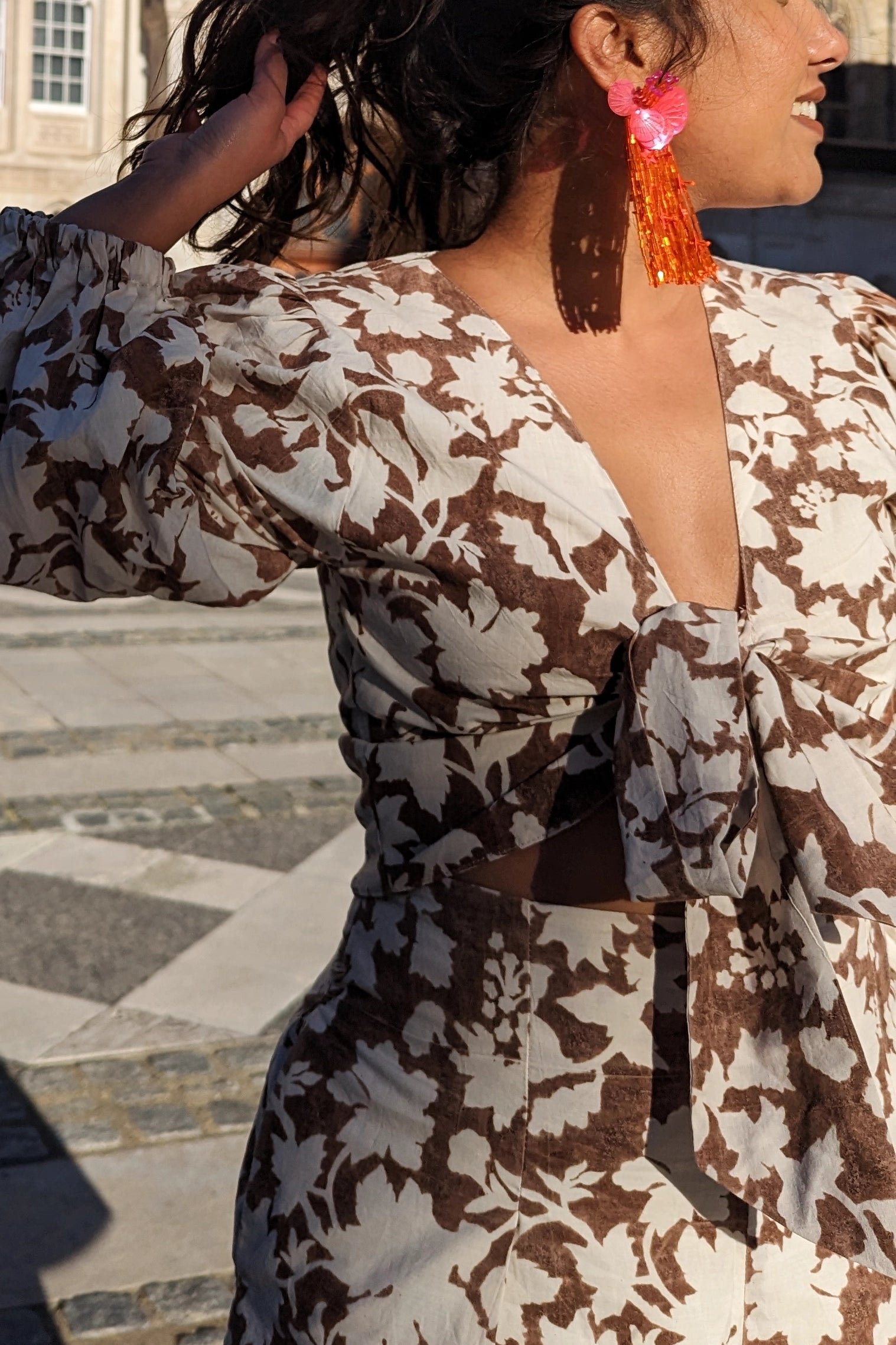 Ilamra hand block printed Kalamkari art organic cotton naturally dyed in deep cocoa brown on a pale white background, high waistline, pockets, airy, comfortable, chic, cool, shorts