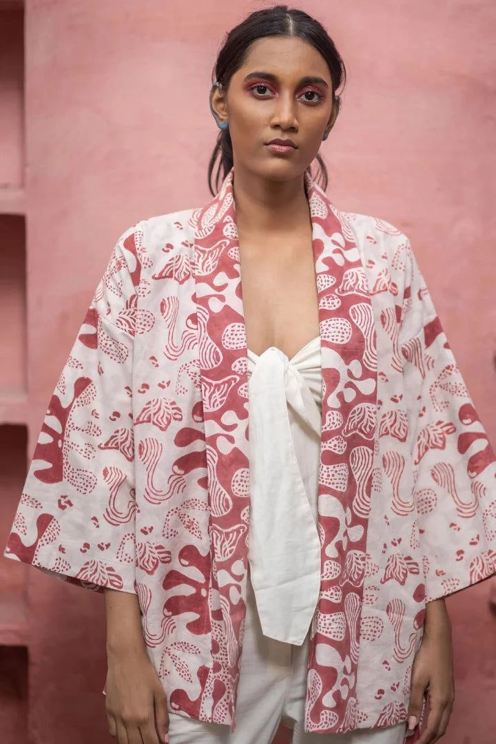 Ilamra hand block printed organic cotton naturally dyed white and red kimono