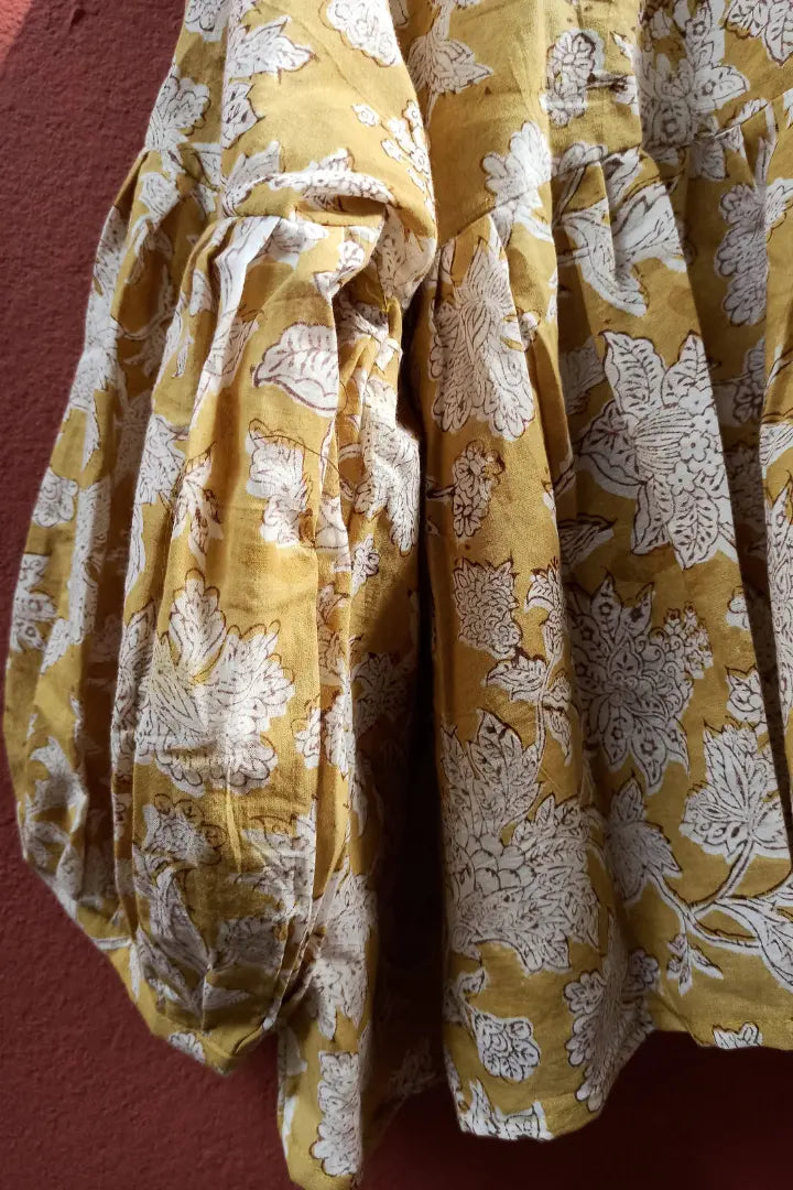 Ilamra sustainable clothing organic cotton Mustard yellow with hints of brown hand block printed top