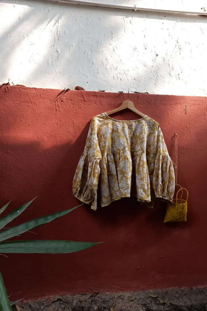 Ilamra sustainable clothing organic cotton Mustard yellow with hints of brown hand block printed top