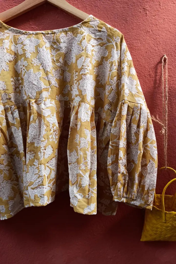 Ilamra sustainable clothing organic cotton Mustard yellow with hints of brown hand block printed top