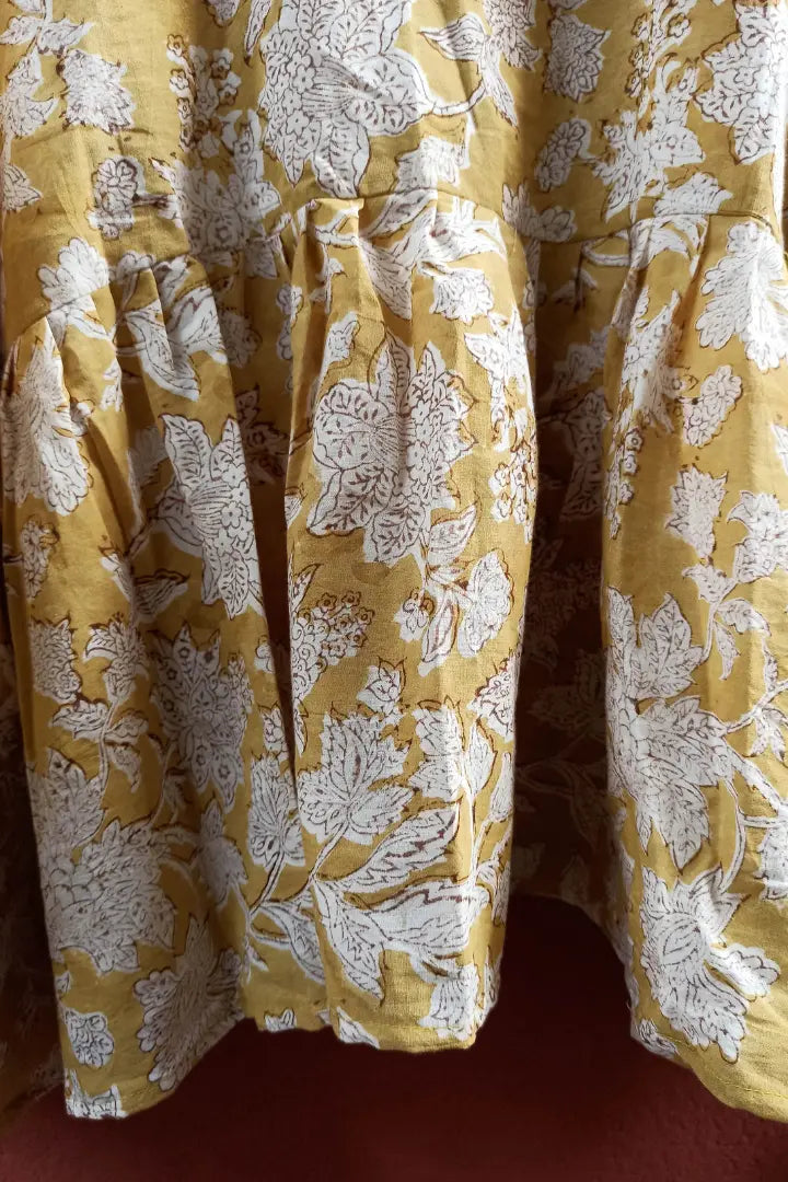 Ilamra sustainable clothing organic cotton Mustard yellow with hints of brown hand block printed top