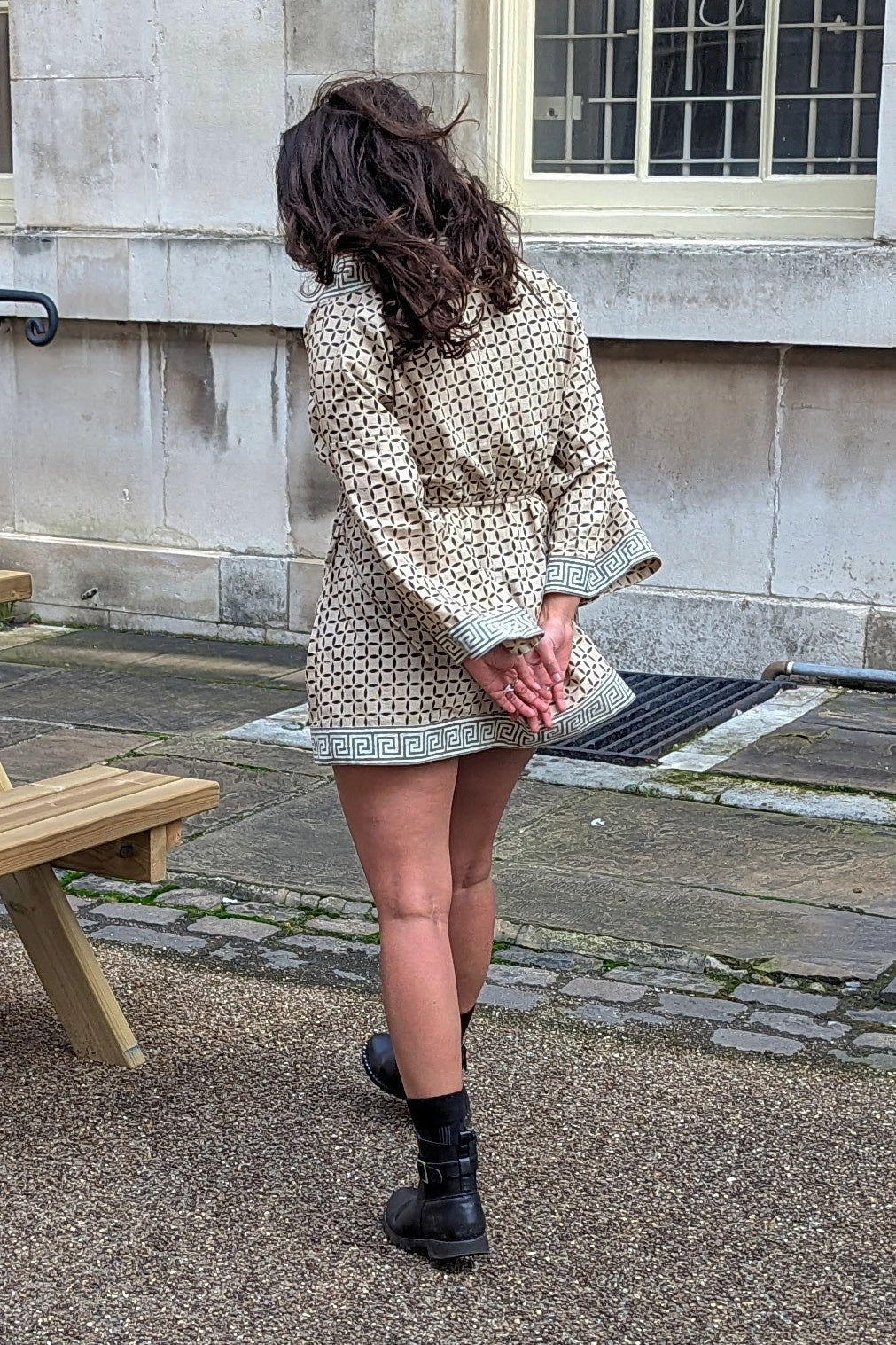 Ilamra hand block printed Kalamkari art organic cotton naturally dyed anti-fit silhouette and flared sleeves, symmetrical cubic print kimono