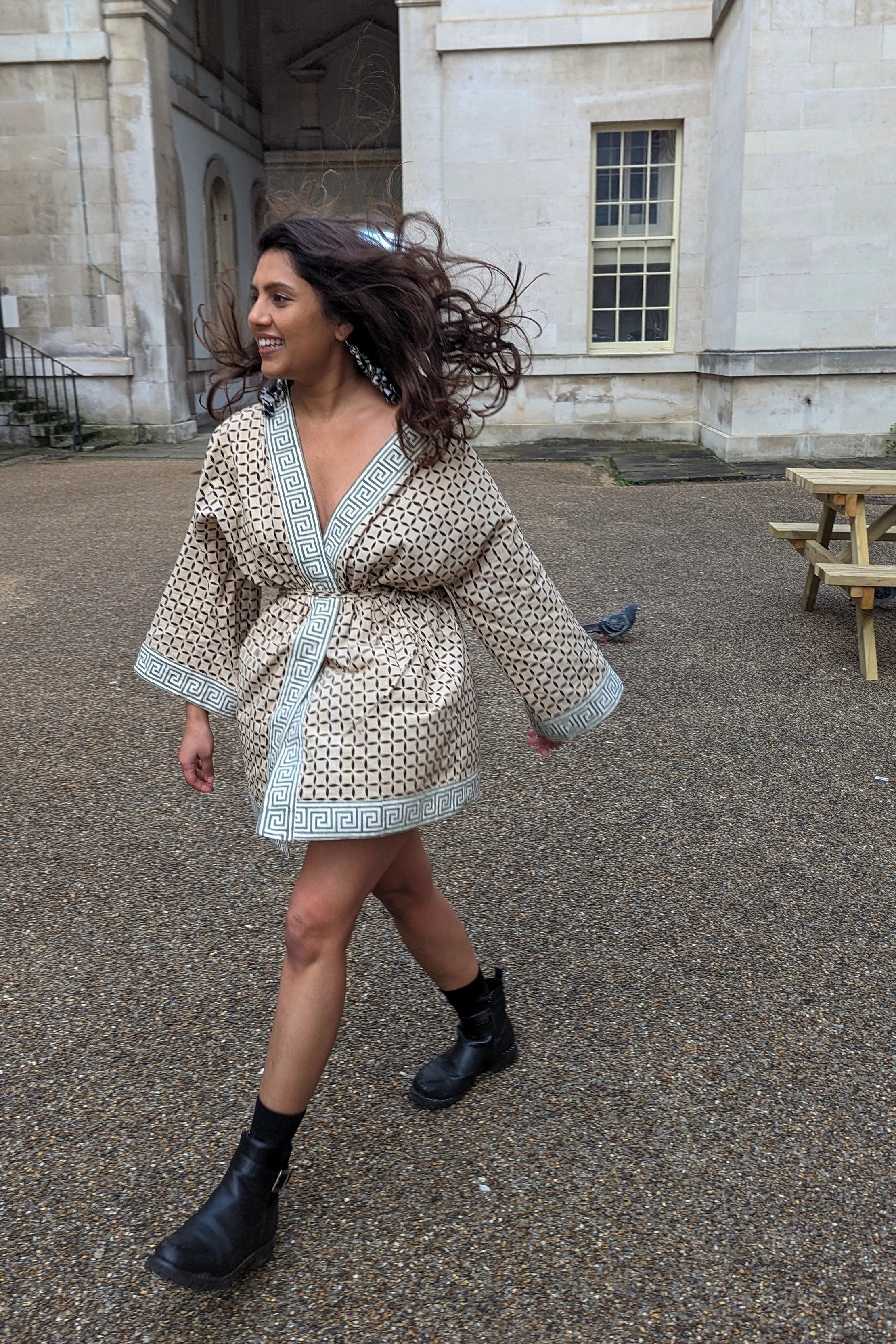 Ilamra hand block printed Kalamkari art organic cotton naturally dyed anti-fit silhouette and flared sleeves, symmetrical cubic print kimono