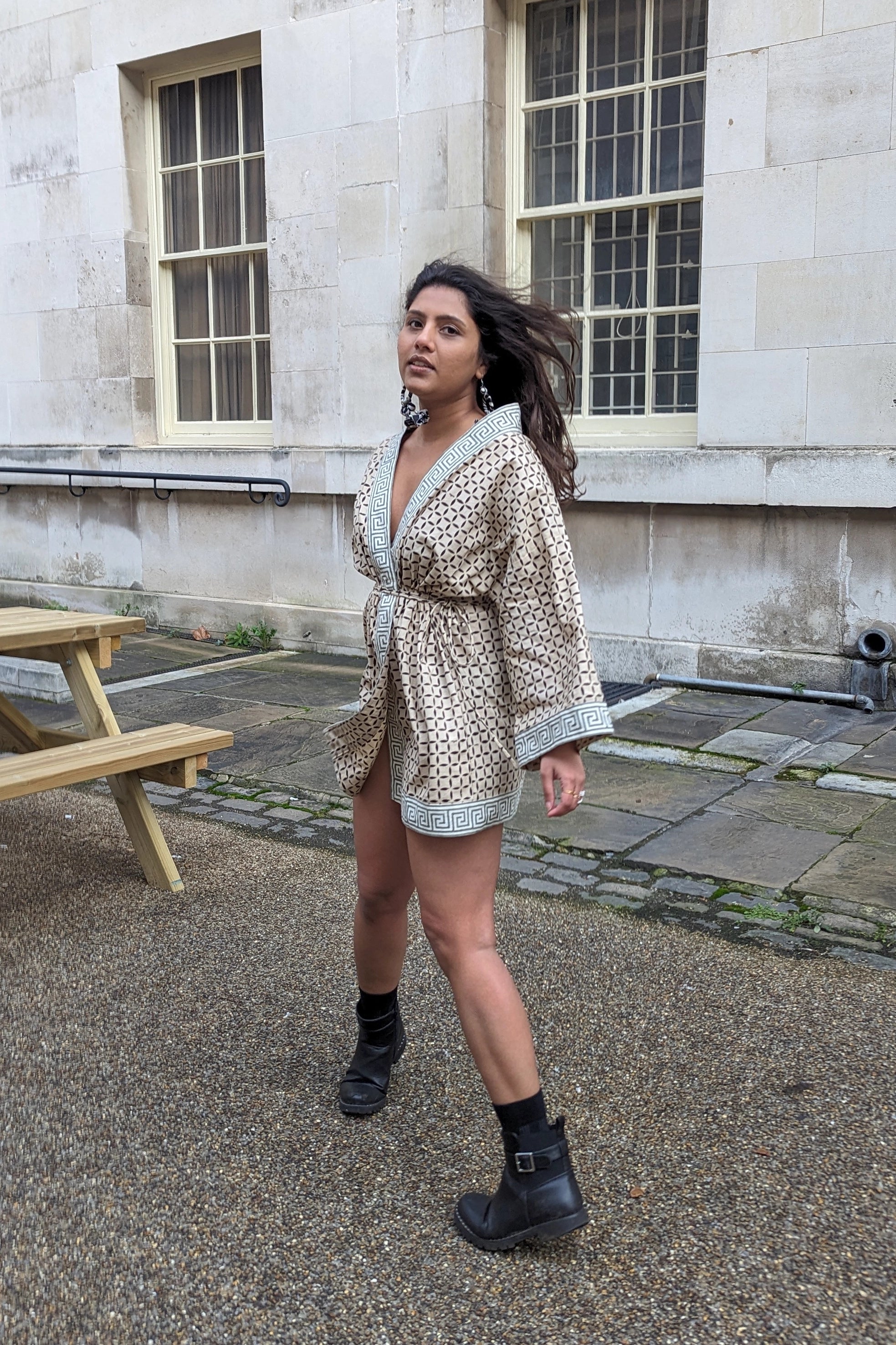 Ilamra hand block printed Kalamkari art organic cotton naturally dyed anti-fit silhouette and flared sleeves, symmetrical cubic print kimono