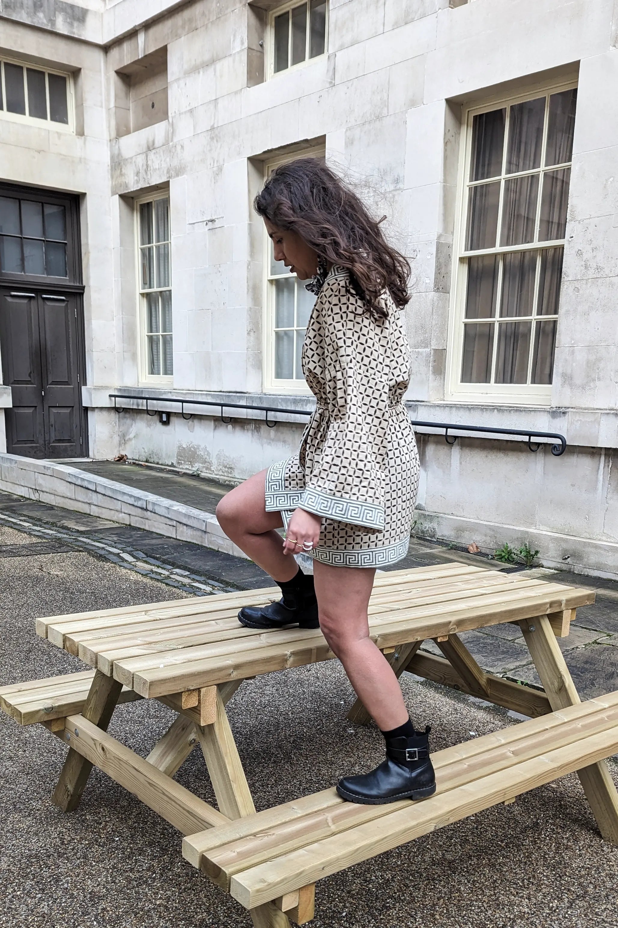 Ilamra hand block printed Kalamkari art organic cotton naturally dyed anti-fit silhouette and flared sleeves, symmetrical cubic print kimono