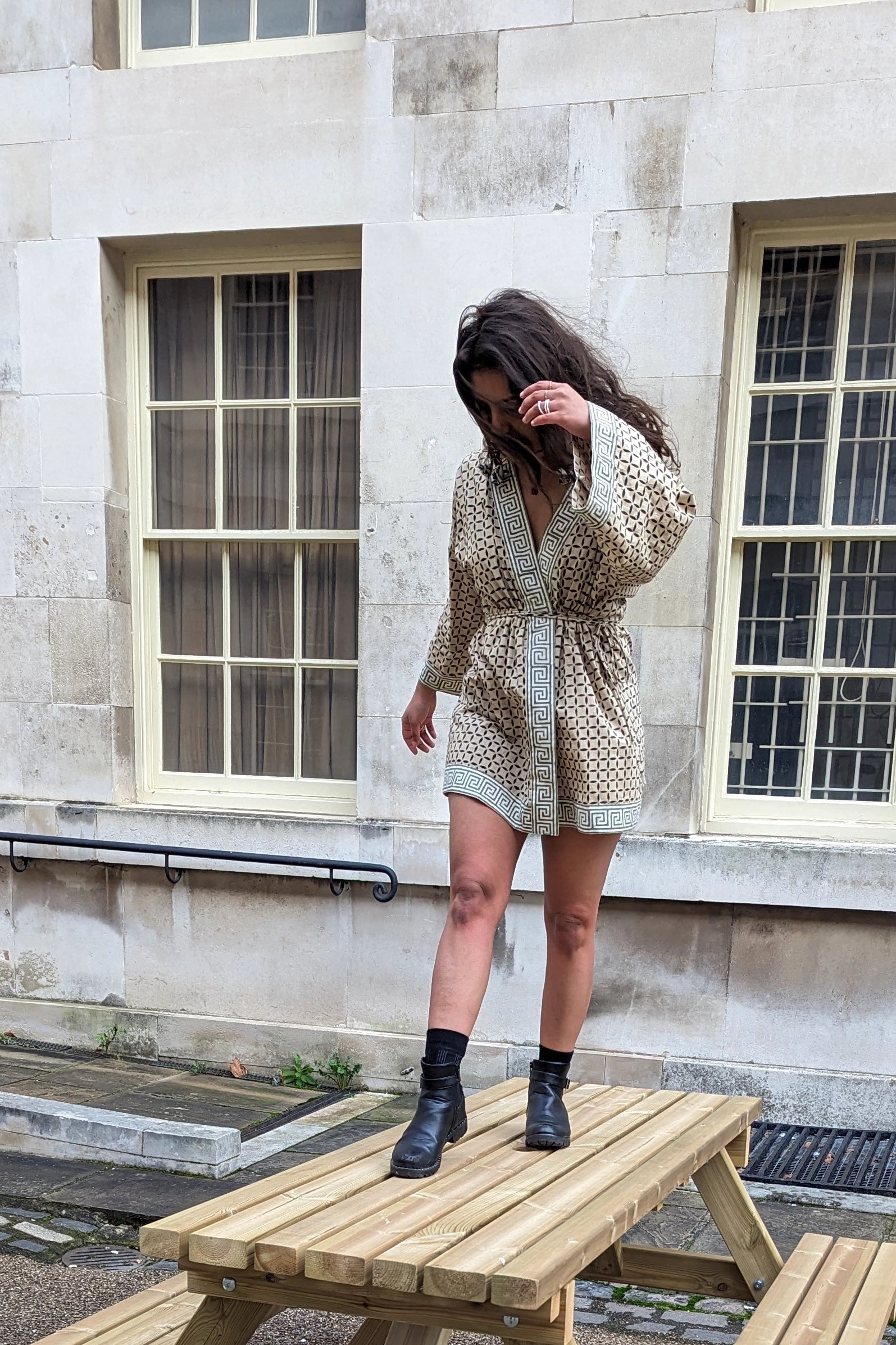 Ilamra hand block printed Kalamkari art organic cotton naturally dyed anti-fit silhouette and flared sleeves, symmetrical cubic print kimono