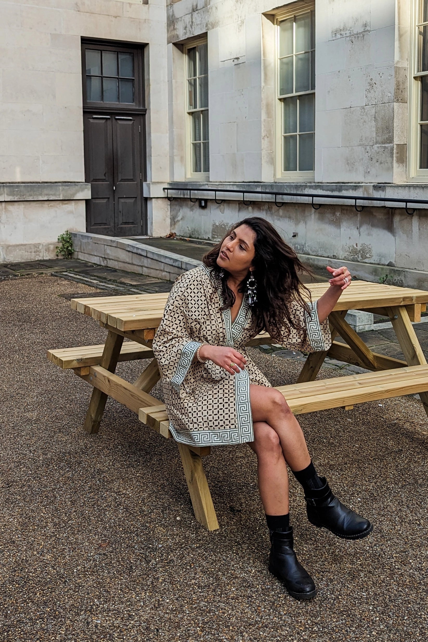 Ilamra hand block printed Kalamkari art organic cotton naturally dyed anti-fit silhouette and flared sleeves, symmetrical cubic print kimono