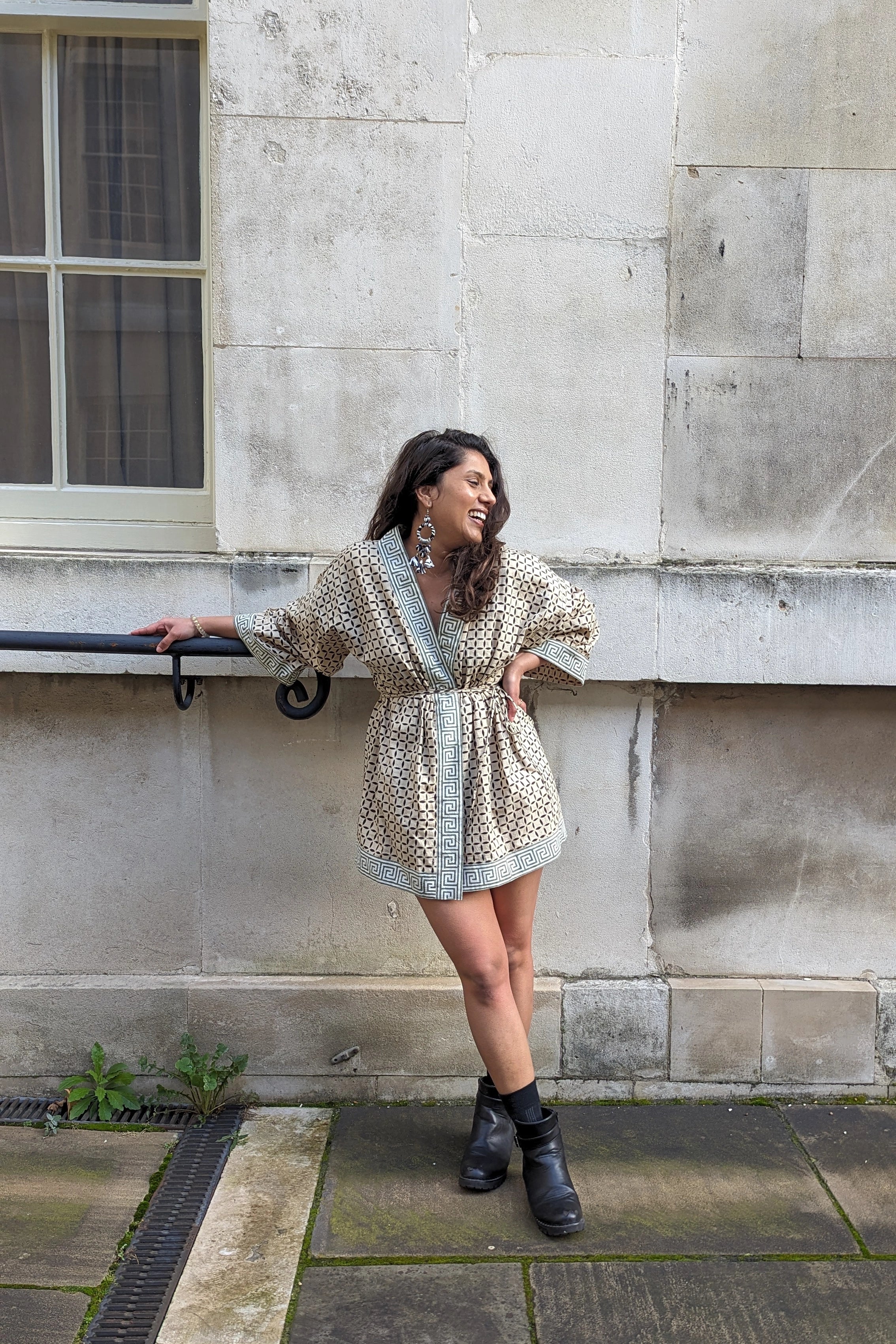 Ilamra hand block printed Kalamkari art organic cotton naturally dyed anti-fit silhouette and flared sleeves, symmetrical cubic print kimono