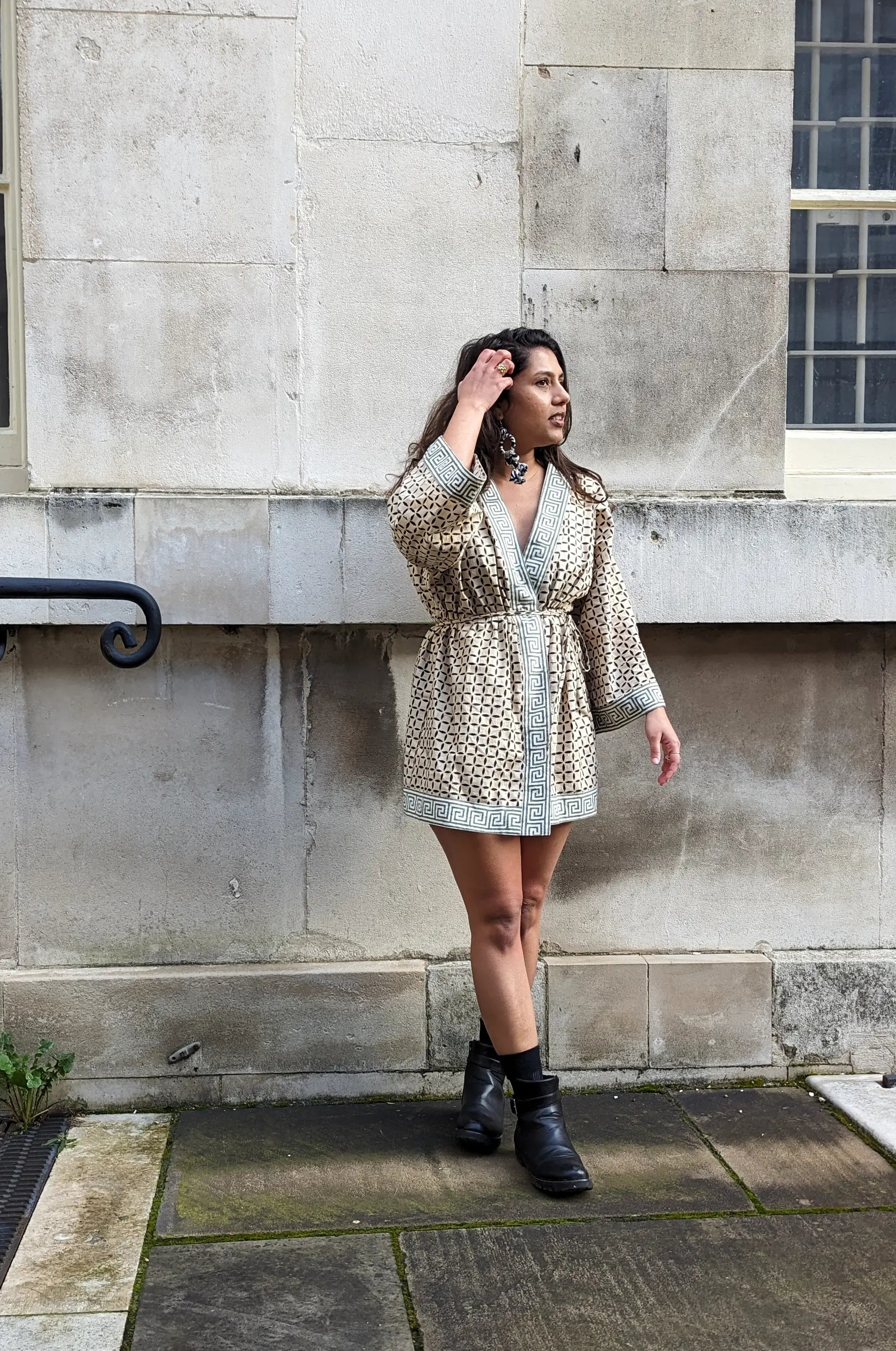 Ilamra hand block printed Kalamkari art organic cotton naturally dyed anti-fit silhouette and flared sleeves, symmetrical cubic print kimono