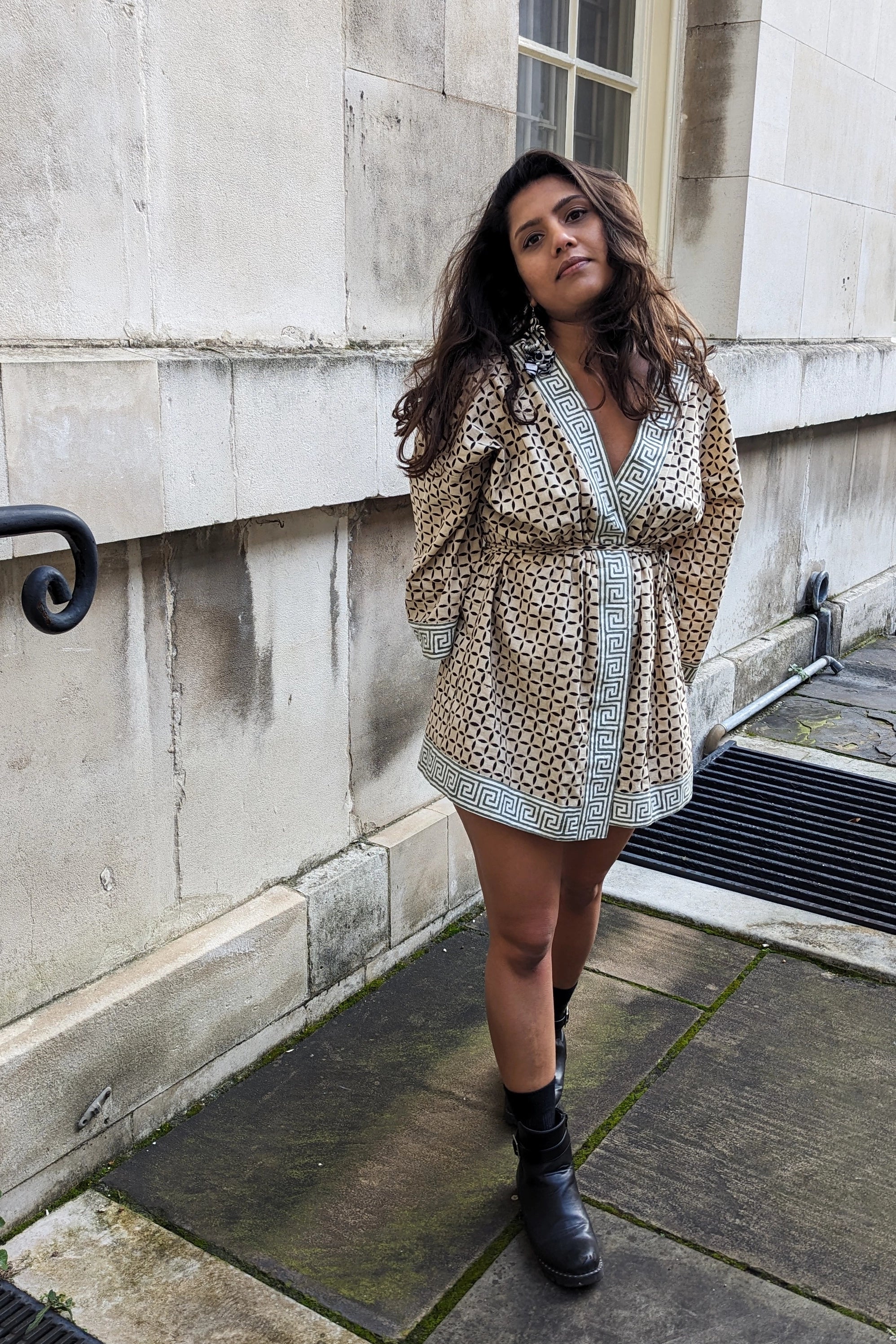 Ilamra hand block printed Kalamkari art organic cotton naturally dyed anti-fit silhouette and flared sleeves, symmetrical cubic print kimono