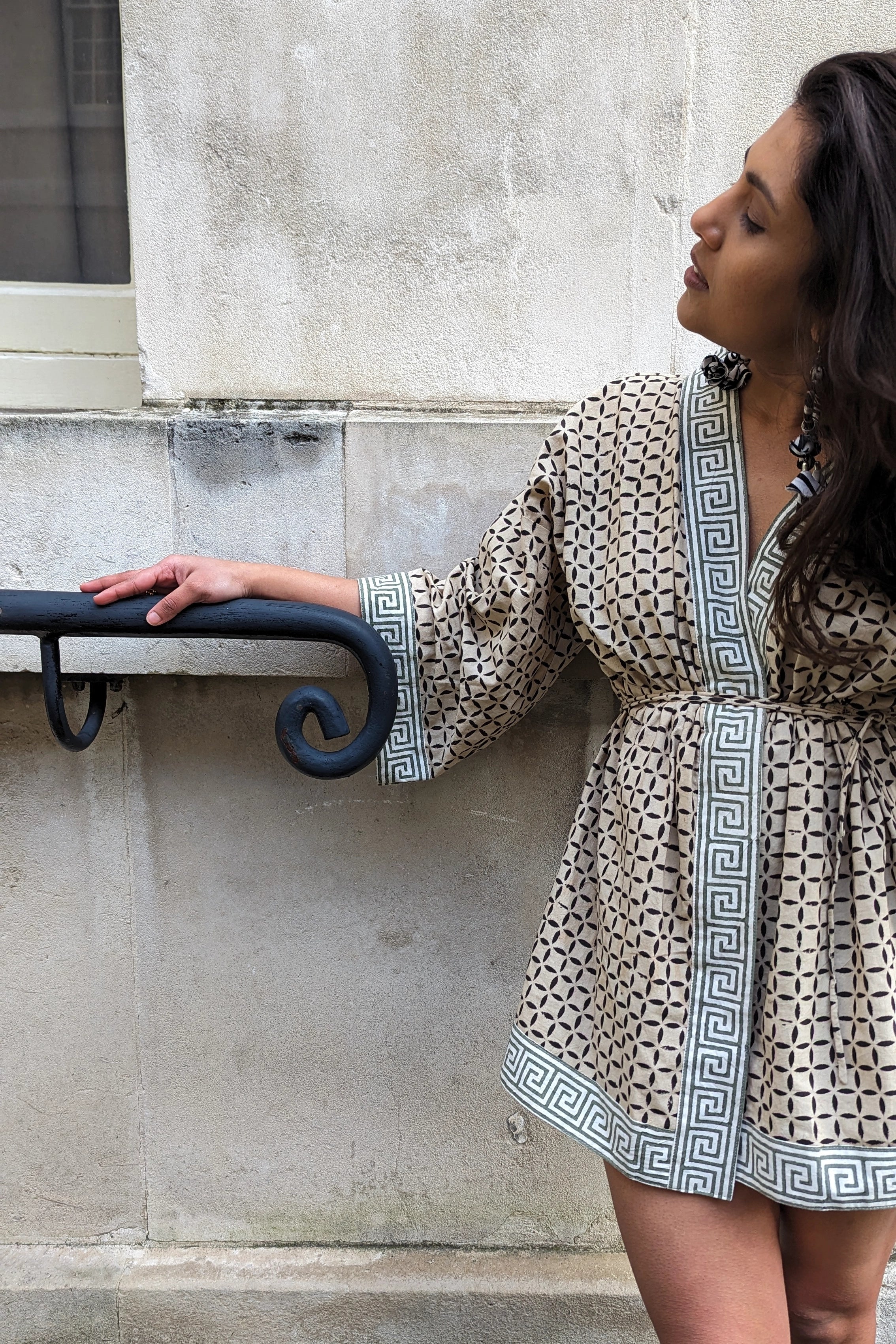 Ilamra hand block printed Kalamkari art organic cotton naturally dyed anti-fit silhouette and flared sleeves, symmetrical cubic print kimono