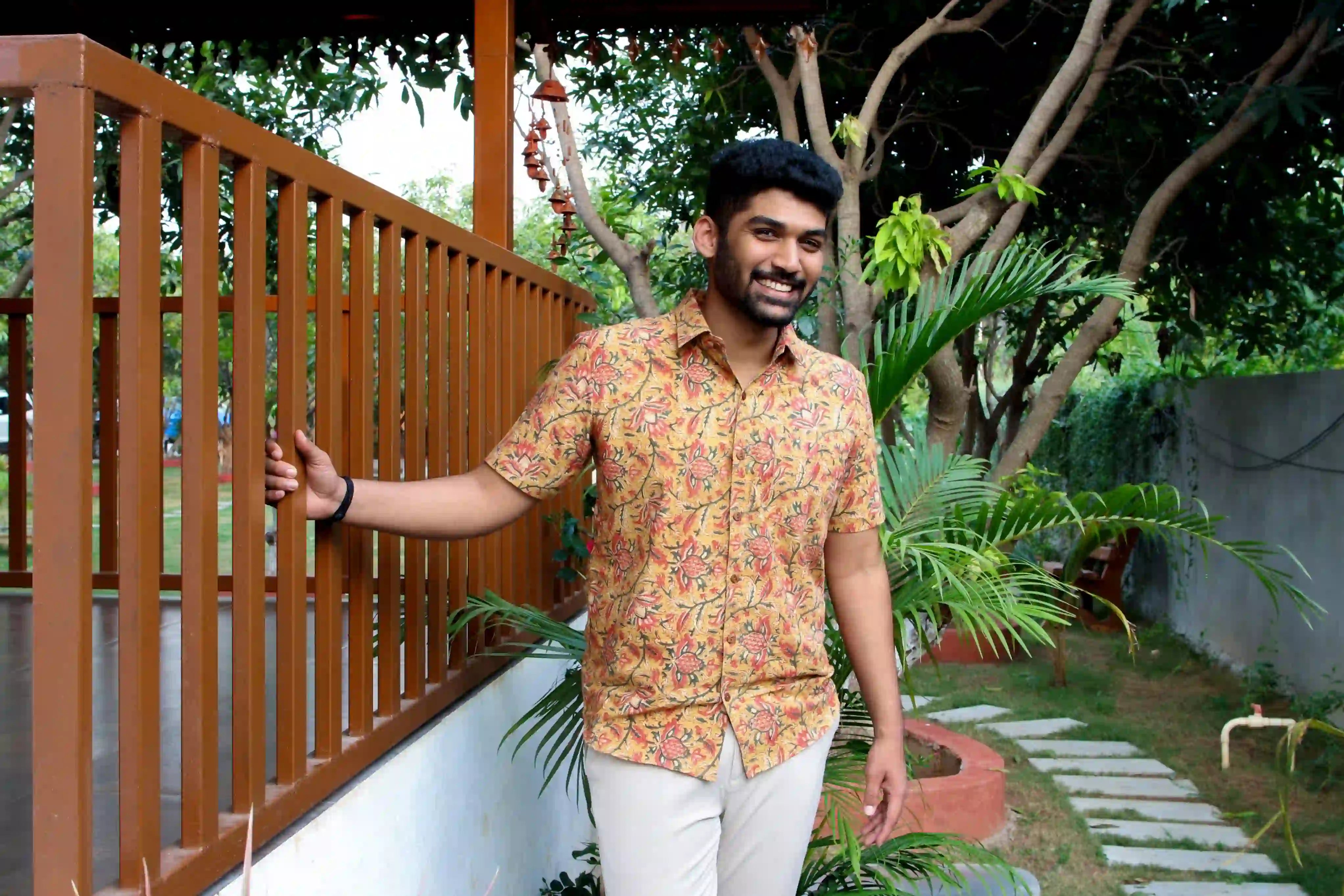 ilamra men's hand block printed naturally dyed organic cotton mustard, yellow, red and green shirt