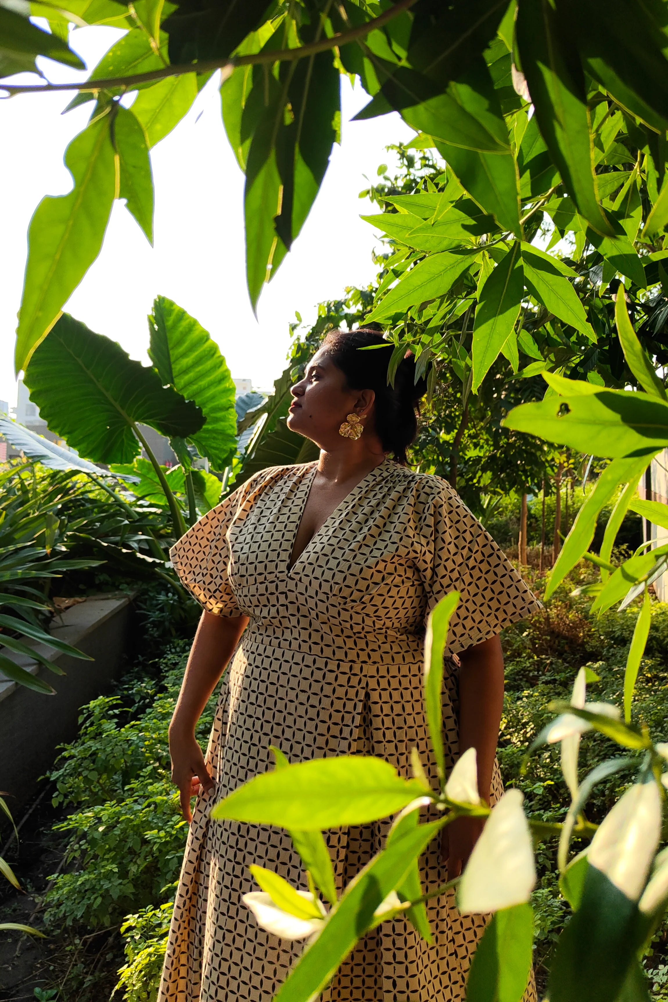 Ilamra hand block printed Kalamkari art organic cotton naturally dyed retro bell sleeves, cinched waistline, symmetrical geometric print breezy dress
