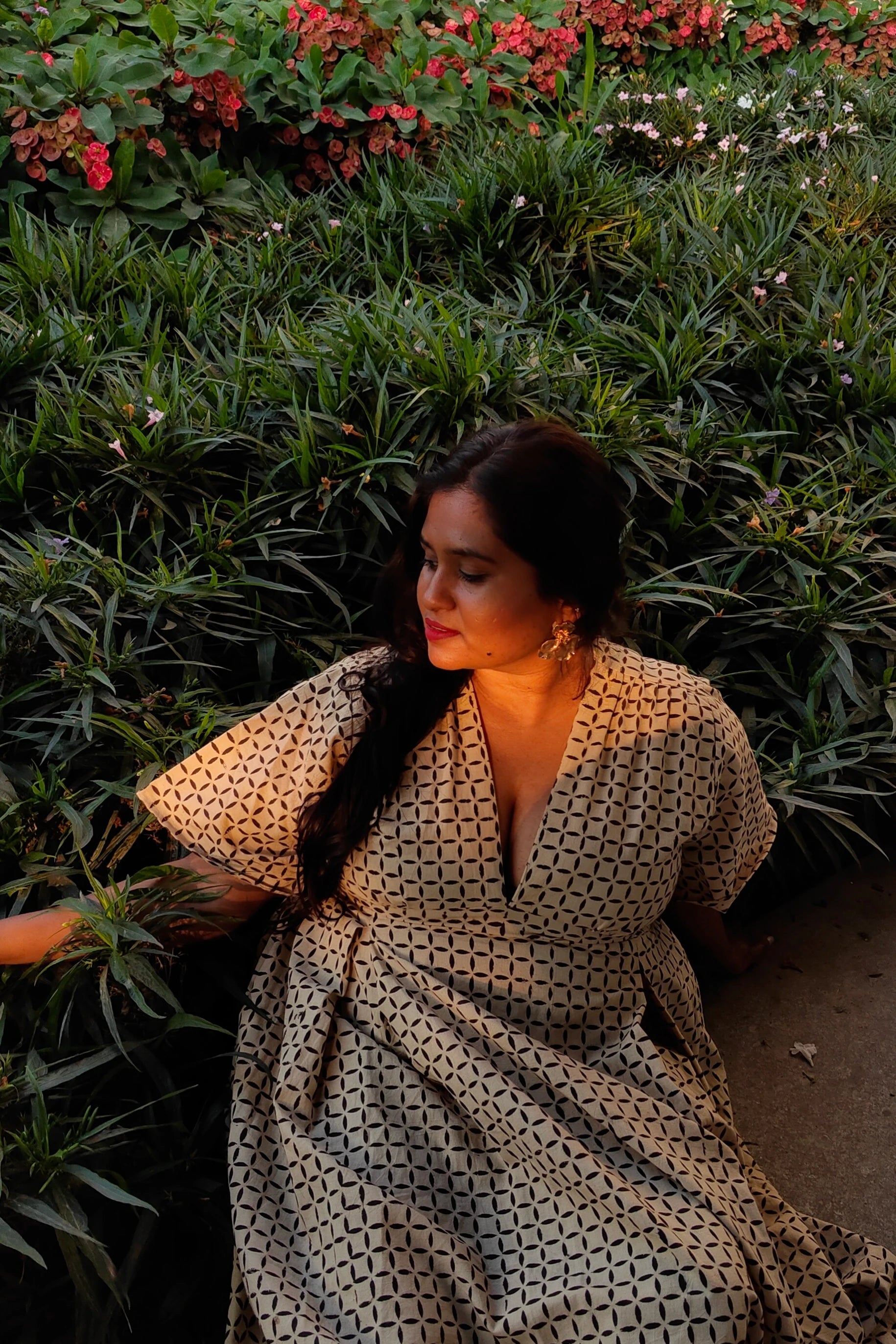 Ilamra hand block printed Kalamkari art organic cotton naturally dyed retro bell sleeves, cinched waistline, symmetrical geometric print breezy dress