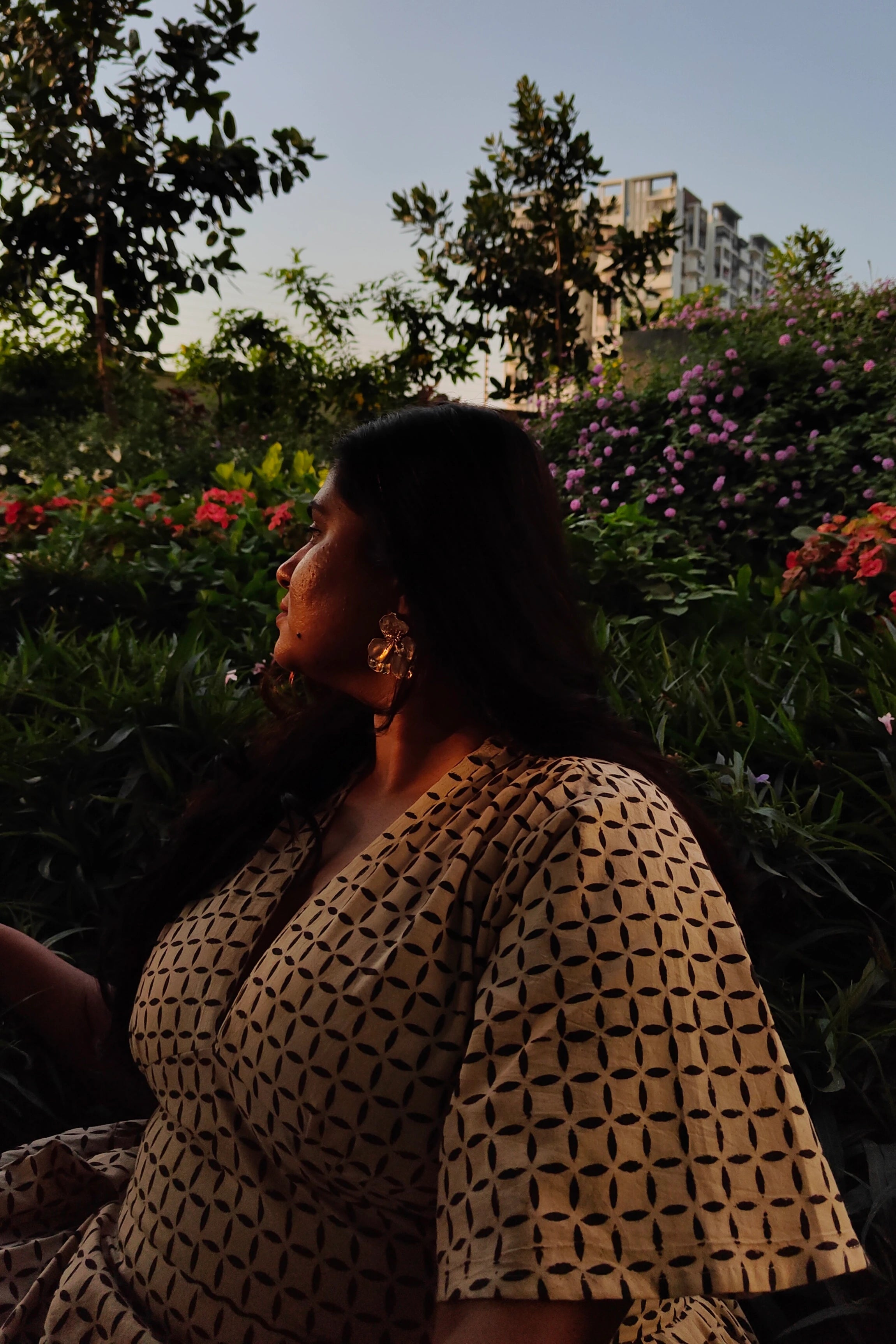 Ilamra hand block printed Kalamkari art organic cotton naturally dyed retro bell sleeves, cinched waistline, symmetrical geometric print breezy dress