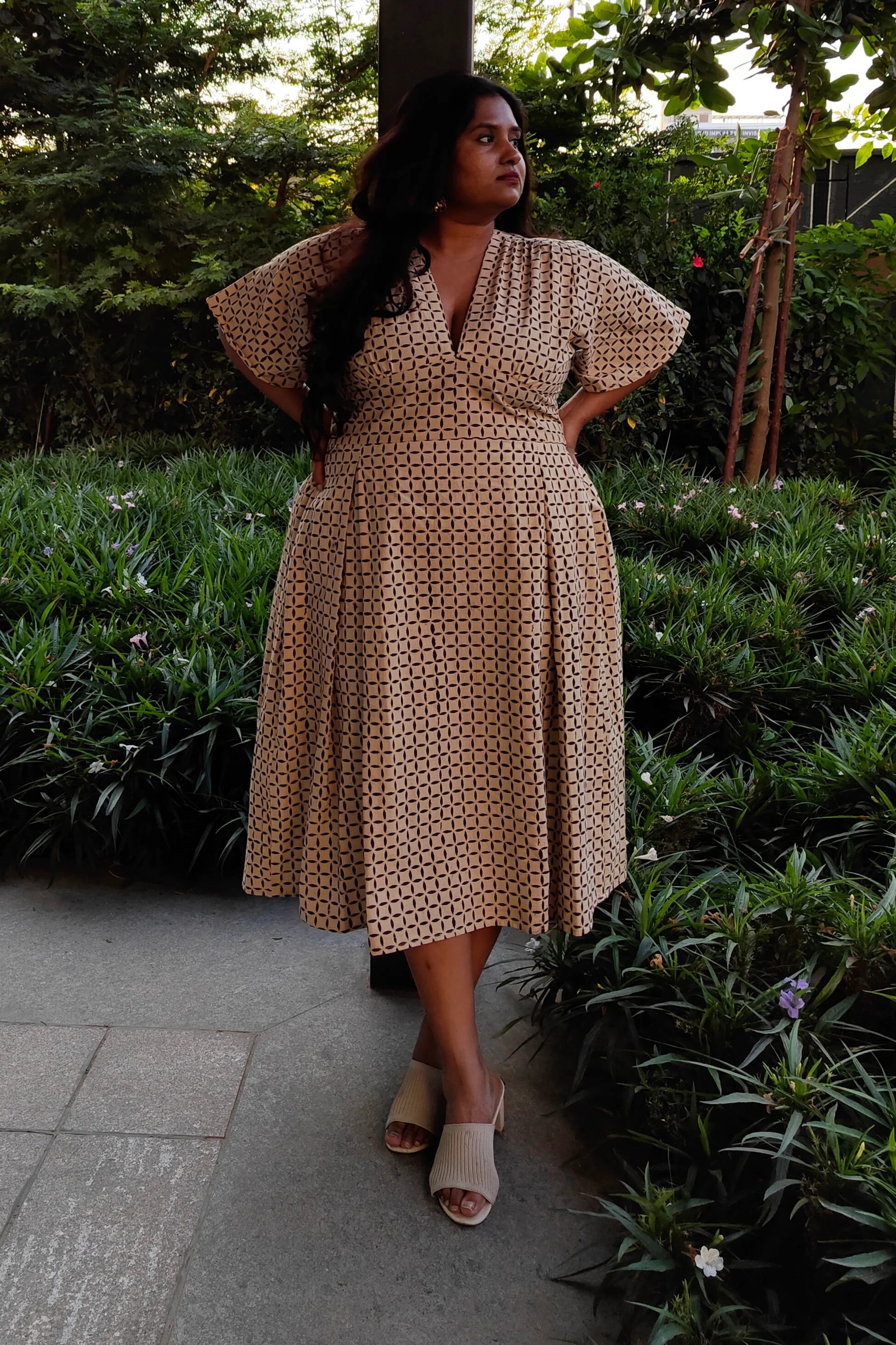 Ilamra hand block printed Kalamkari art organic cotton naturally dyed retro bell sleeves, cinched waistline, symmetrical geometric print breezy dress