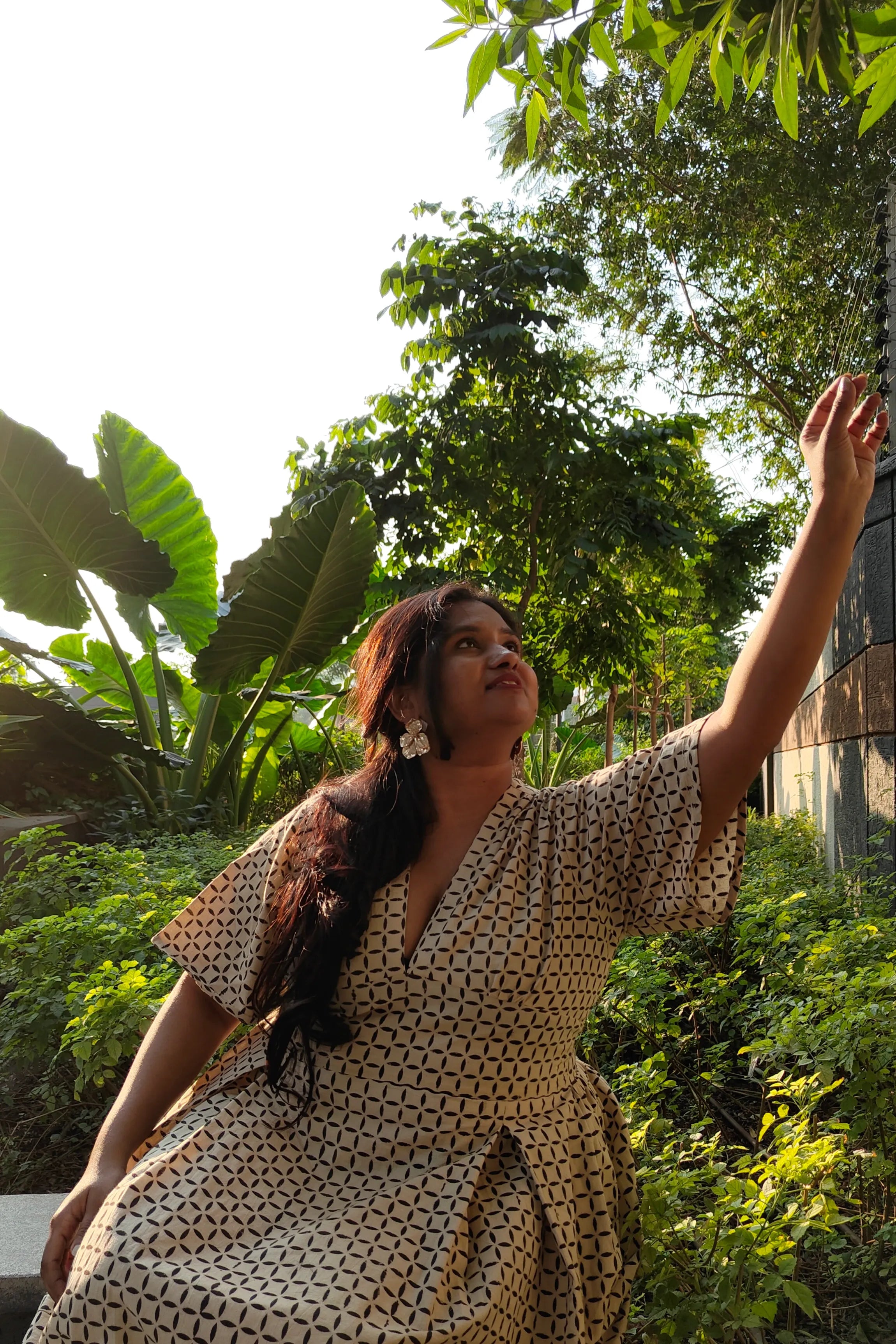 Ilamra hand block printed Kalamkari art organic cotton naturally dyed retro bell sleeves, cinched waistline, symmetrical geometric print breezy dress