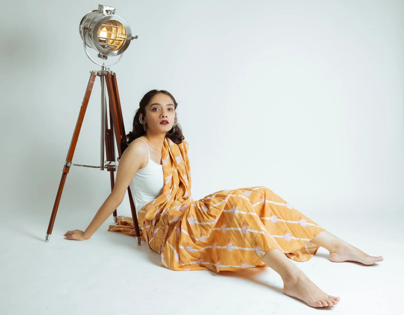 Ilamra hand block printed sustainably made naturally dyed Orange, Madder Red, and Off-White saree pants