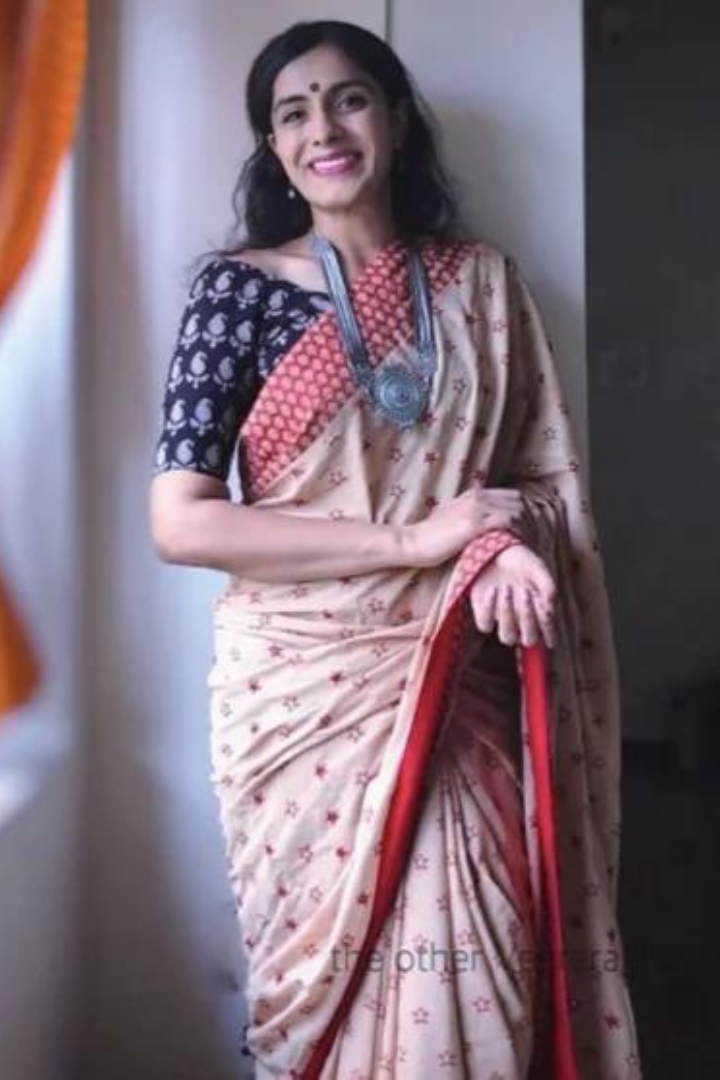 Ilamra kalamkari craft hand block printed organic cotton Indian madder red on a beige base saree