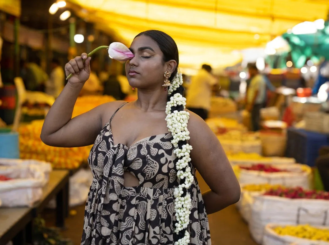 Ilamra hand block printed sustainably made naturally dyed black and beige flowy dress