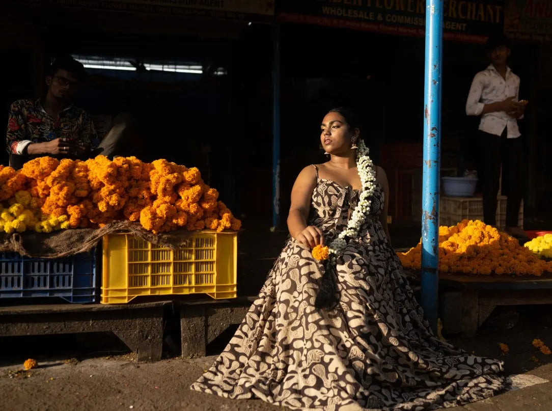 Ilamra hand block printed sustainably made naturally dyed black and beige flowy dress