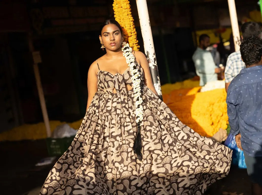 Ilamra hand block printed sustainably made naturally dyed black and beige flowy dress