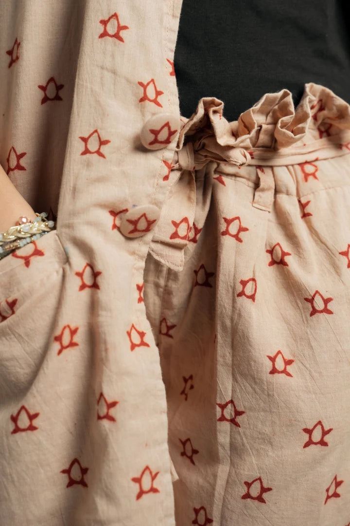 Ilamra sustainable clothing organic cotton madder red and beige hand block printed soft blazer and shorts co-ord set