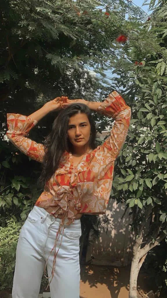 Ilamra hand block printed naturally dyed organic cotton orange top