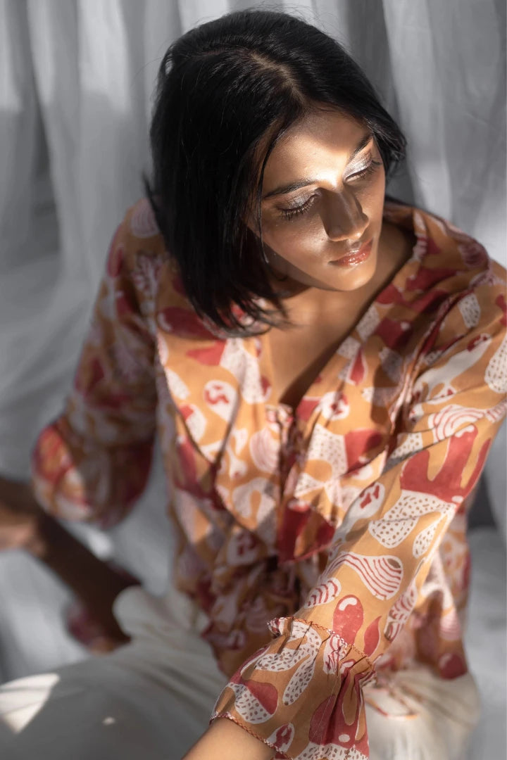 Ilamra hand block printed naturally dyed organic cotton orange top