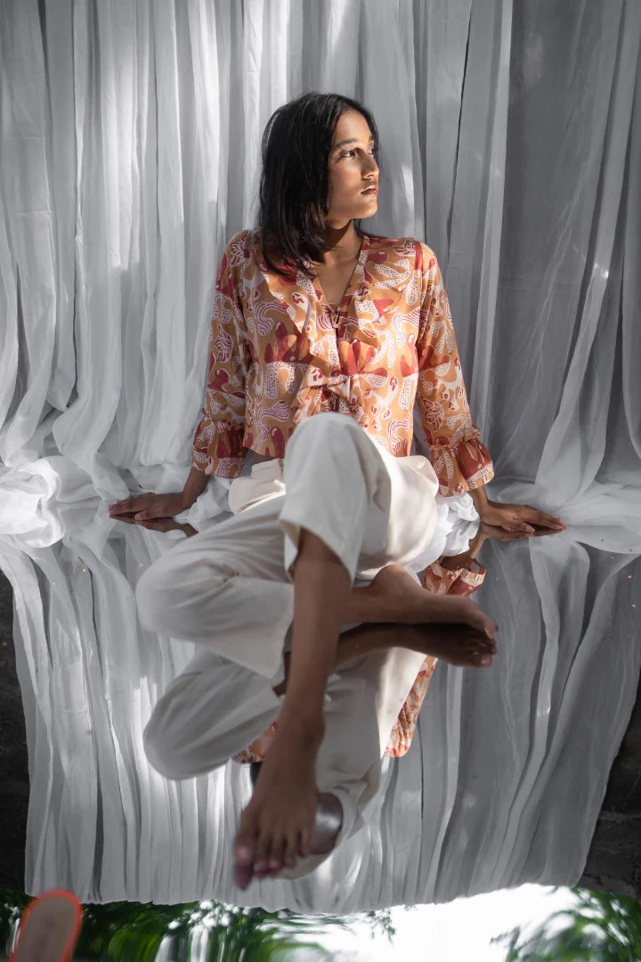 Ilamra hand block printed naturally dyed organic cotton orange top