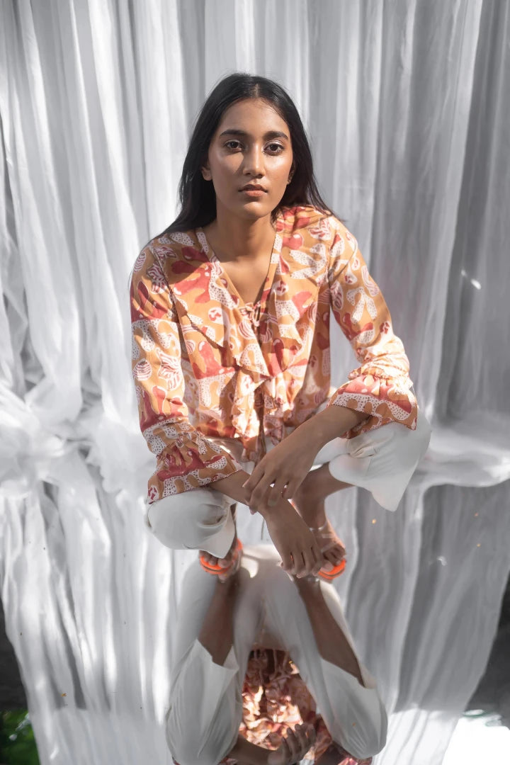 Ilamra hand block printed naturally dyed organic cotton orange top