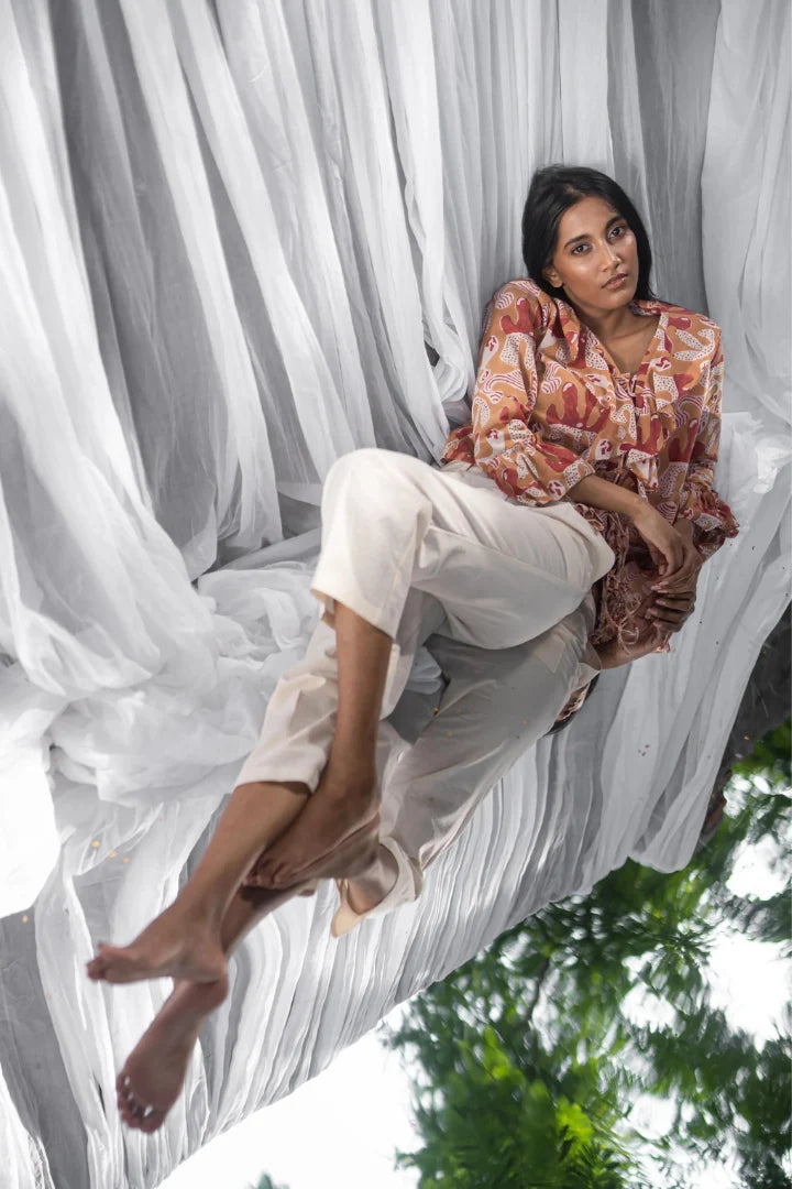 Ilamra hand block printed naturally dyed organic cotton orange top