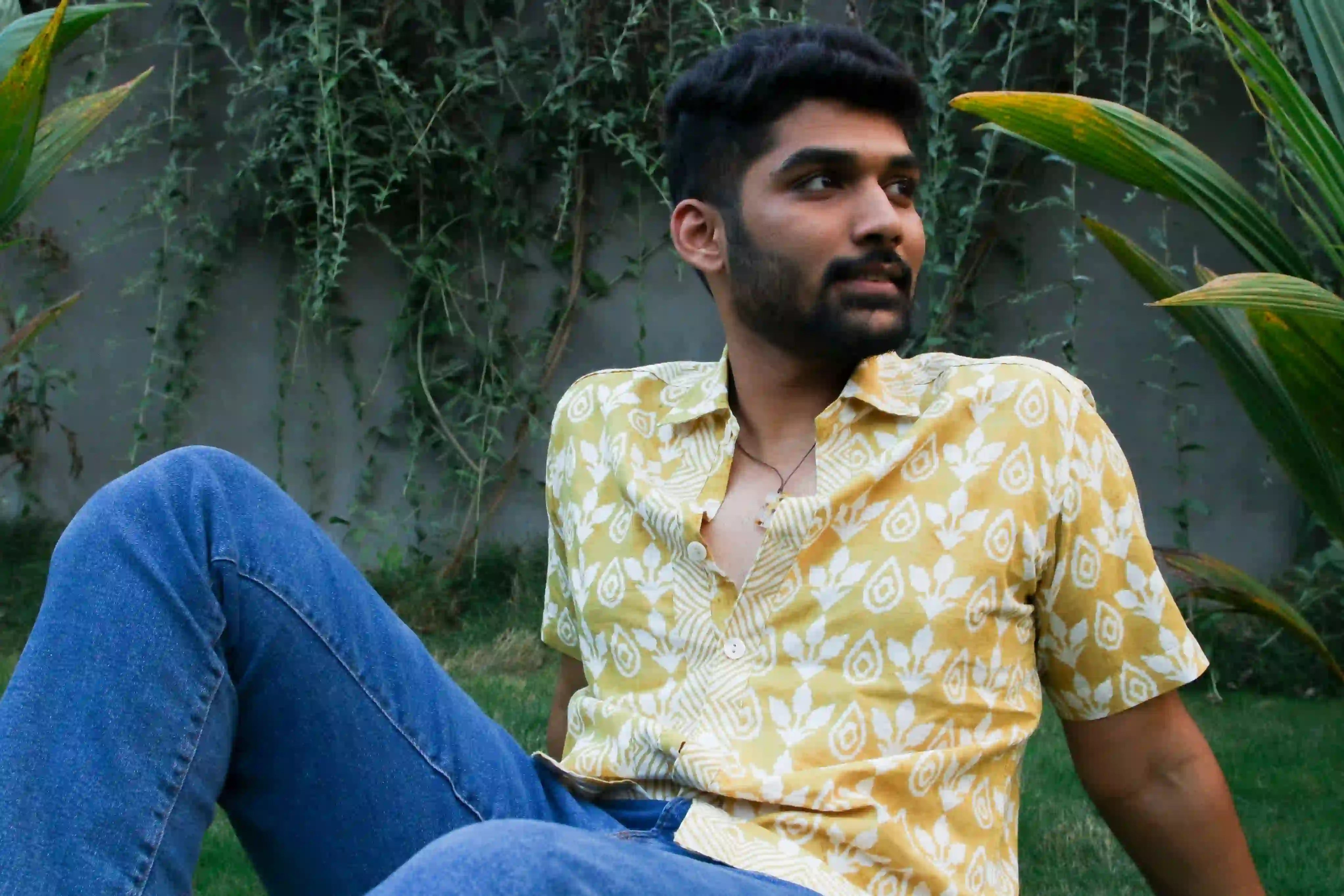 ilamra men's hand block printed naturally dyed organic cotton off-white and yellow shirt